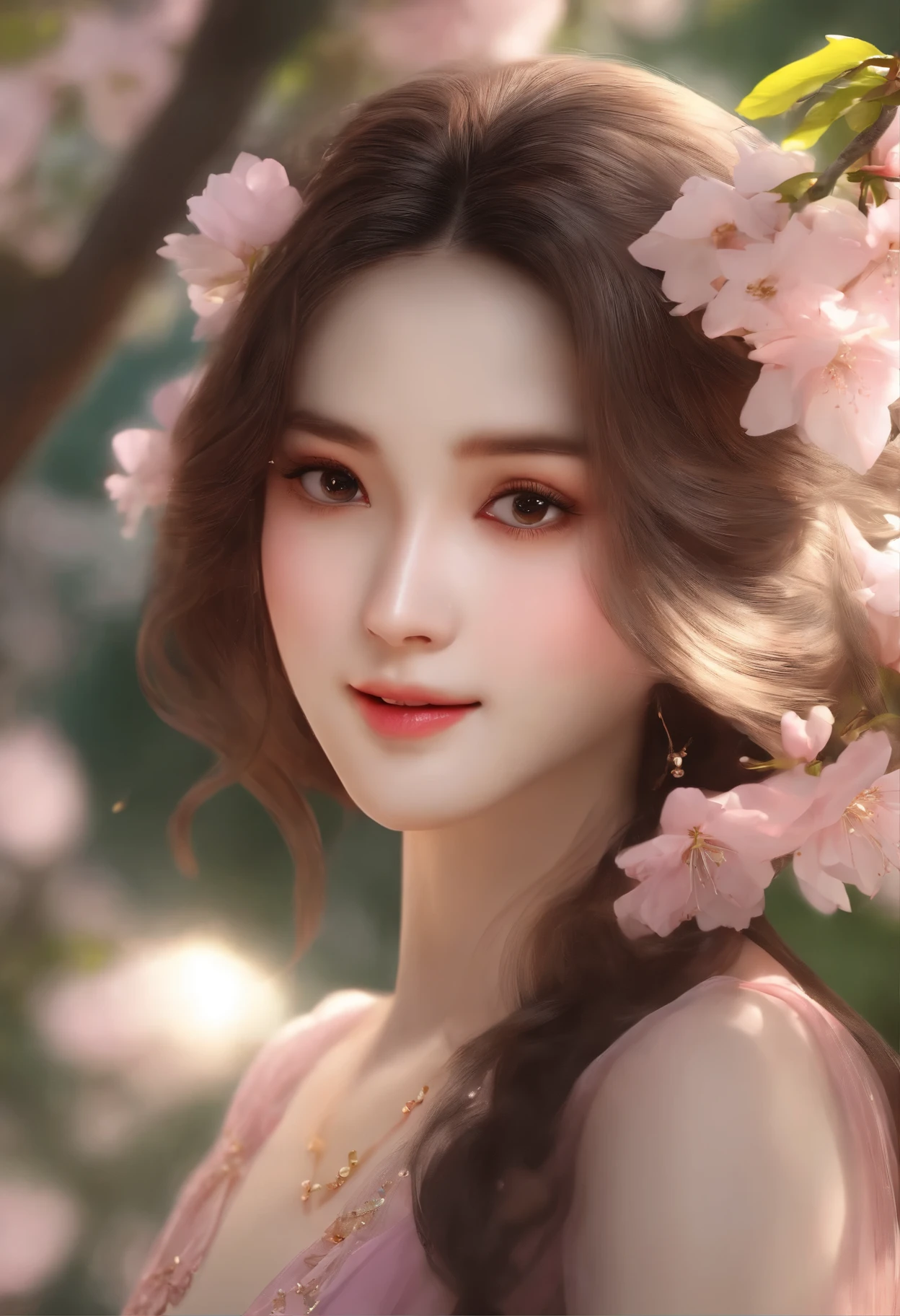 (best quality,4k,8k,highres,masterpiece:1.2),ultra-detailed,(realistic,photorealistic,photo-realistic:1.37),anime,libra,pink,black,beautiful,hair,cute,stunning,gnarled cherry blossom tree,tranquil garden,soft sunlight filtering through leaves,fluttering cherry blossom petals,dainty lace dress,ethereal atmosphere,sparkling eyes,faint blush on cheeks,dark flowing hair,delicate eyeliner,tender smile,determined pose,dynamic background,subtle shading and highlights,vibrant colors,subtle pastel tones,effortless grace,dreamlike,expressive eyes,flowery hair accessories,glowing skin,vivid pink blush,gentle breeze,peaceful gaze