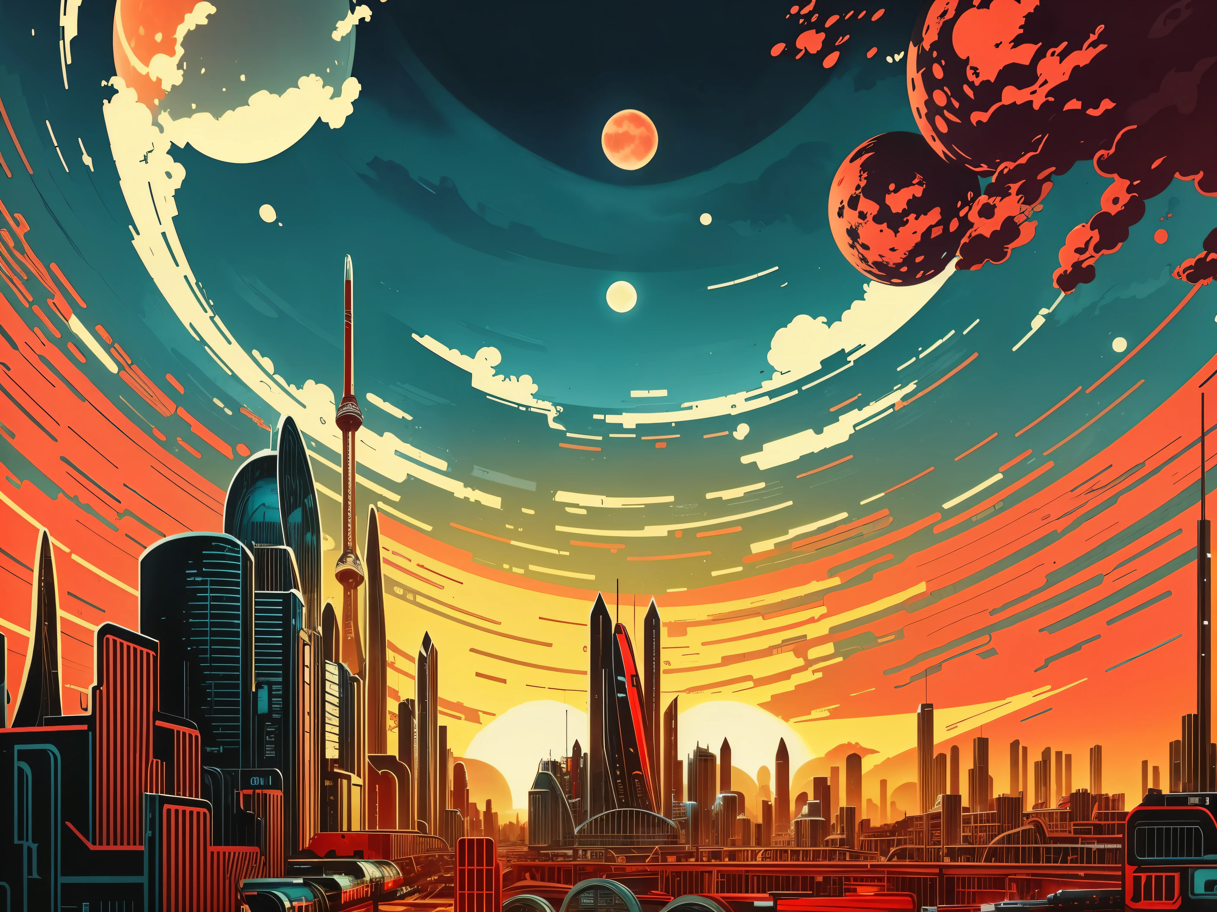Future city illustration with red sky and red moon, planetary city, sunrise over solarpunk city, Mars City, retrofuturistic number, digital illustration style, 4k solarpunk wallpaper, in the style of futuristic.number艺术, Russian railway cityscape, 程式化的number插图, Few details. number, futuristic number