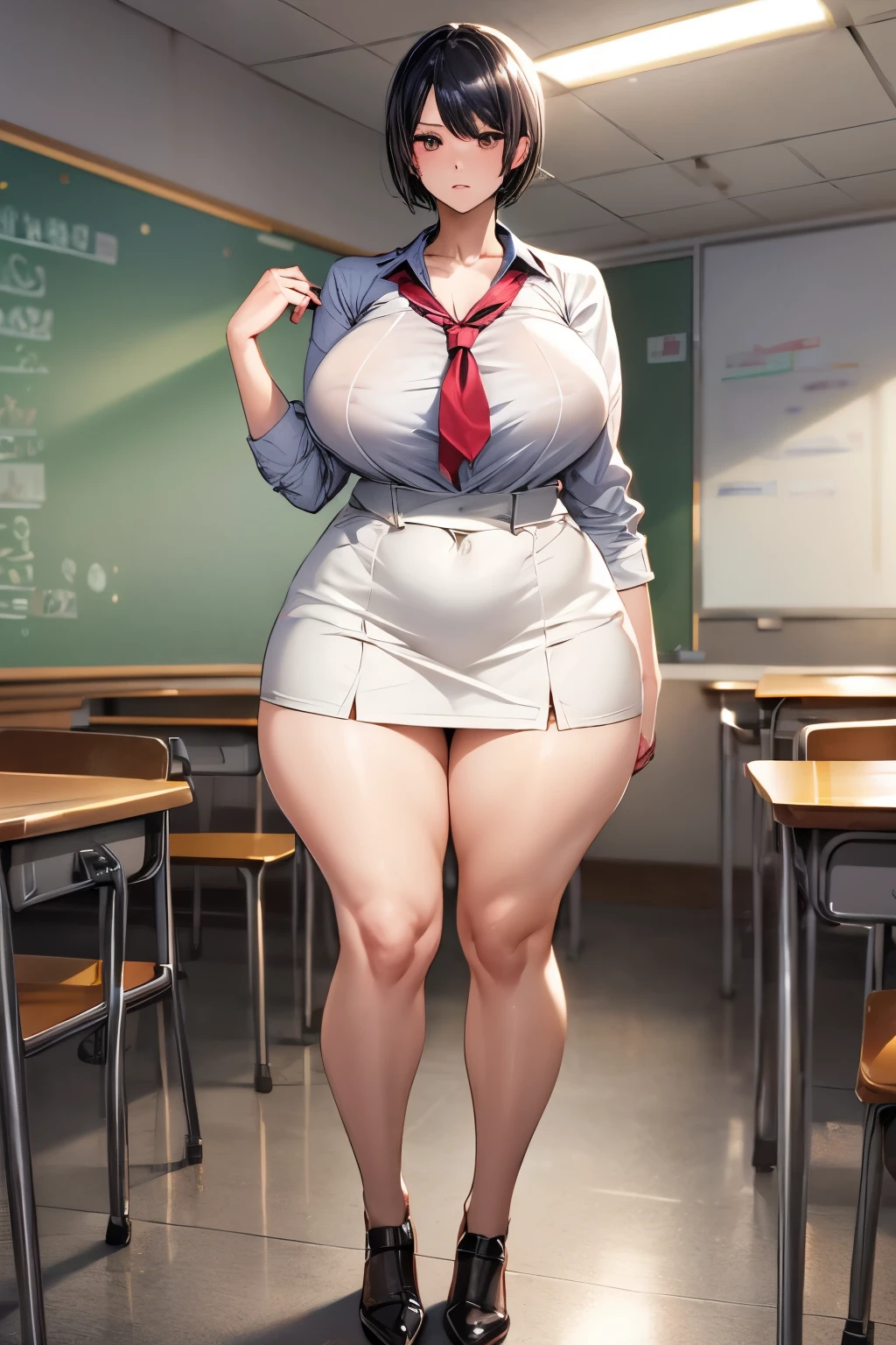 Solo highest quality, masterpiece, Very detailed CG, Highly detailed 8k wallpaper, indoor, classroom, masterpiece, highest quality, extreme details, chubby anime style, sharp focus, intricate details, 1 girl, huge breasts, High resolution, white school shirt, navy blue skirt, 8k, Tomboy, black hair, brown eyes, woman, Fair skin, sensual, short black hair, high high school girl, Are standing, hourglass illustration, cool face, short hair, sharp and cool face, calm expression, Fair skin, quite tall, full body shot, , high school girl, white shirt, brown eyes, Didn't'Write, cross your arms underneath(huge breasts 1.8),plump thighs,thick calves,