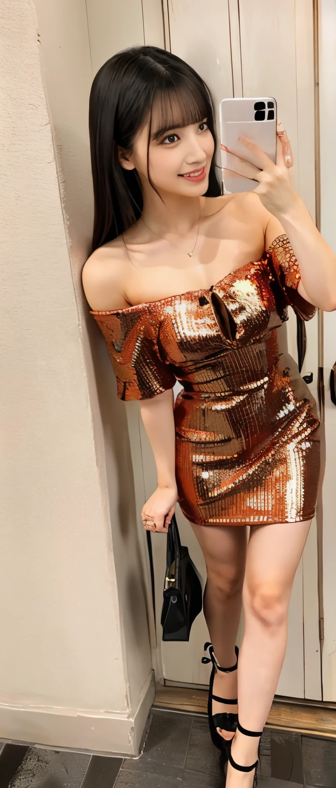 Gorgeous supermodel girl、whole body、Good style、、、、、、Orange sequin mini dress（Off the shoulder）、pantyhose、((Sexy panties in full view:1.05))、((Spread your legs wide:1.45))