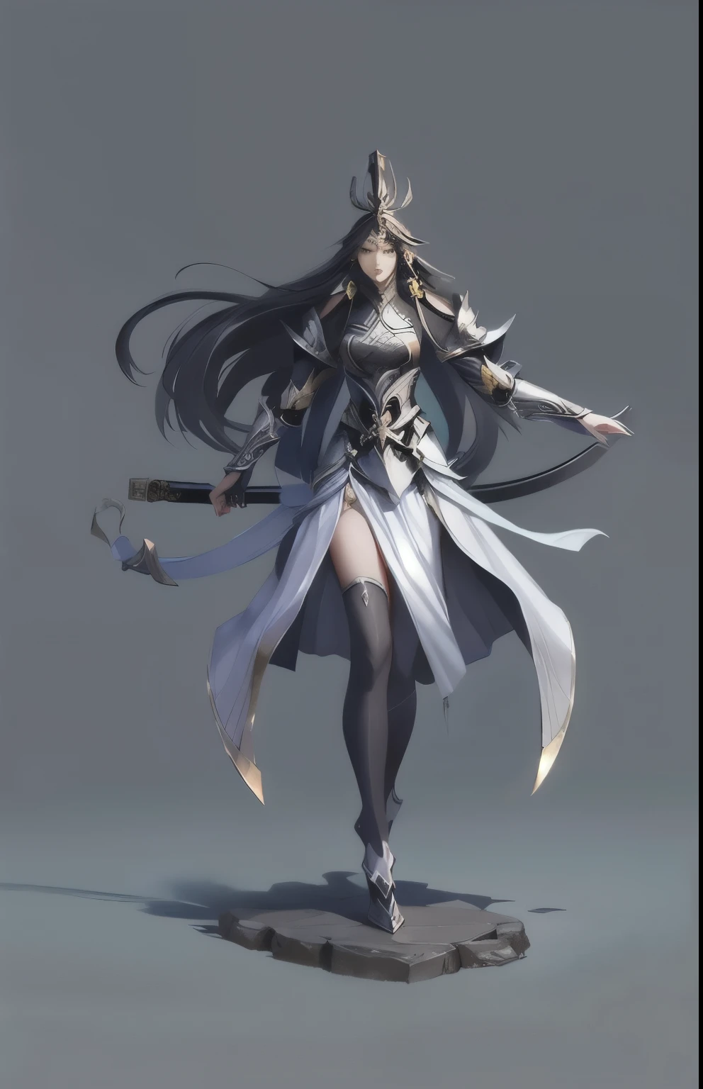 Concept art character standing painting, 1 girl, 白色long hair, alone, armor, earrings, jewelry, whole body,gray background,, long sword, skirt,long hair, asymmetrical tights, armor, floating