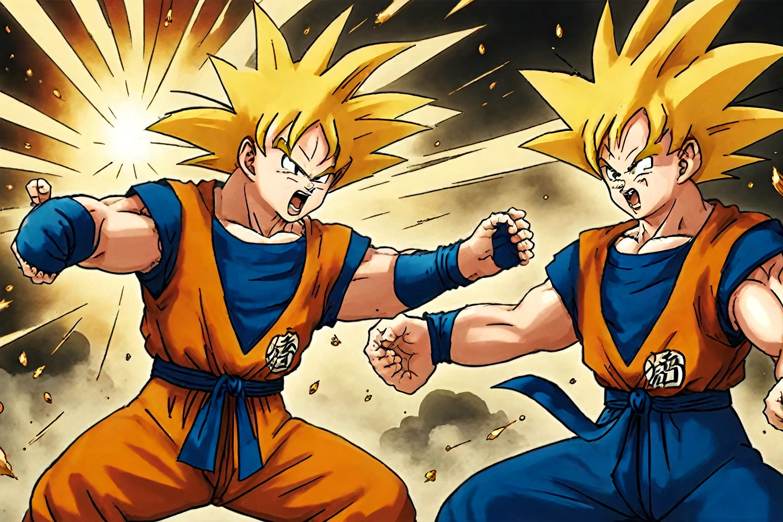 The decisive moment of an exciting martial arts tournament，From Dragon Ball comics。At the center of the scene are Goku and Vegeta，They are fighting fiercely in Super Saiyan form。They were surrounded by exploding energy waves and lightning，The faces of the audience were full of nervousness and excitement。The whole picture is full of movement and energy，The background is a huge martial arts field，The auditorium is packed with people from different planets。Dust and debris floating in the air，and the outline of the city in the distance，All increase the drama of this decisive battle。