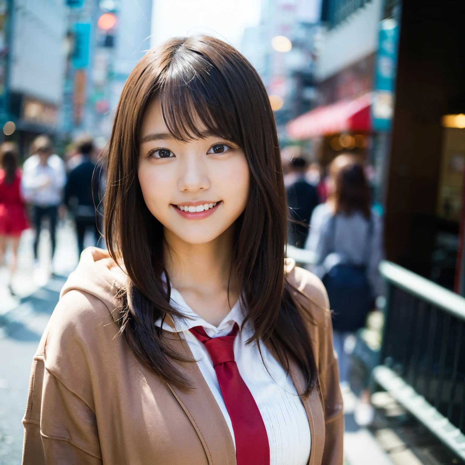 (8k、RAW photo、best image quality、masterpiece:1.2)、(genuine、フォトgenuine:1.37)、Super detailed、ultra high resolution、girl、1 person、eyes that look at the beholder、Beautiful face in every detail、smile、narrow、 (slim waist) :1.3)、dense and beautiful skin、skin texture、flowing hair、professional writing、as a whole human body、long hair、blonde、hoodie、high school girl、school zone、Tokyo、cityscape、red tie、bob hair、happy smile、 smile、no makeup、16 years chubby、E cup breasts、