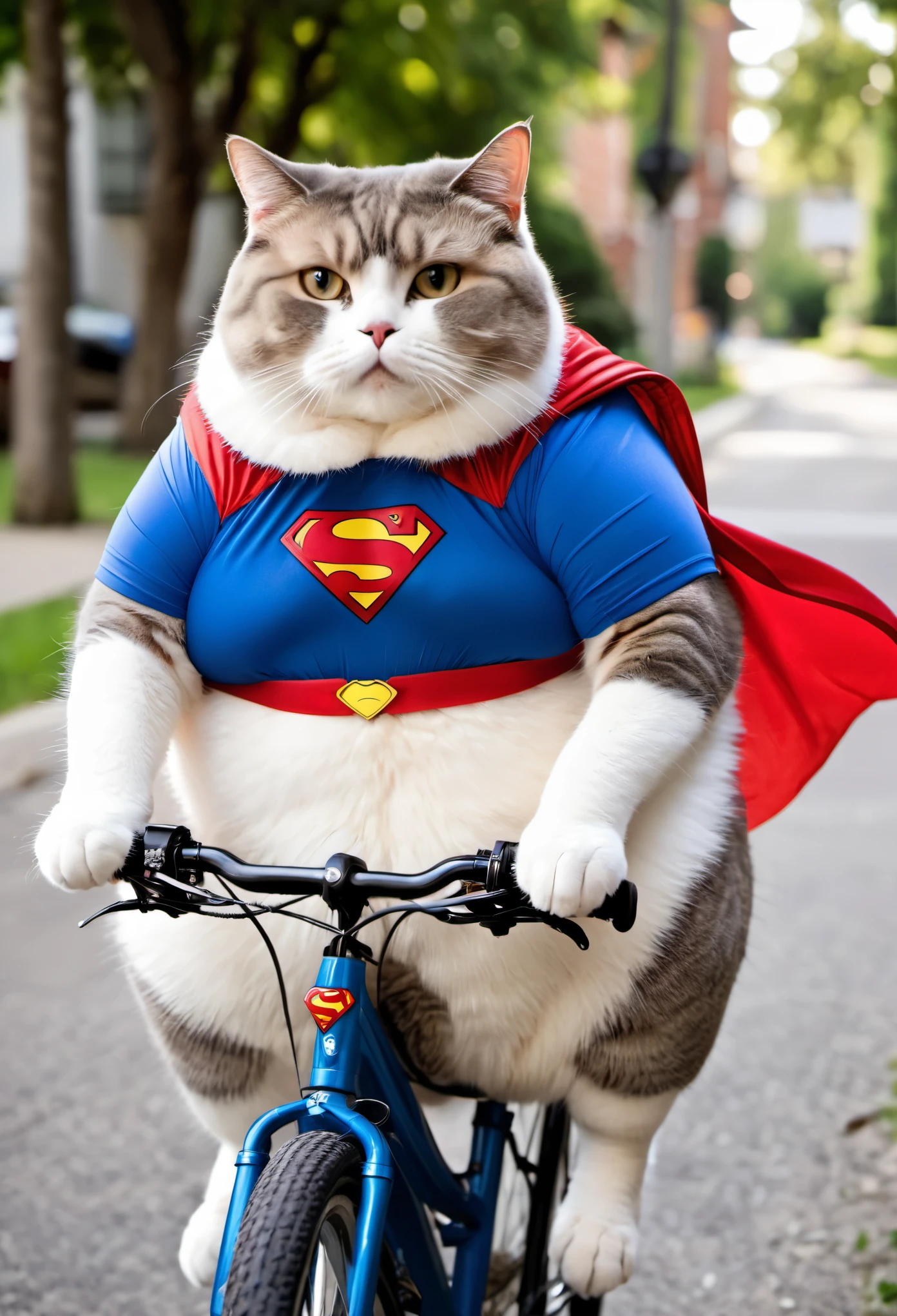Photo of obese cat riding bicycle, Dress up as Superman