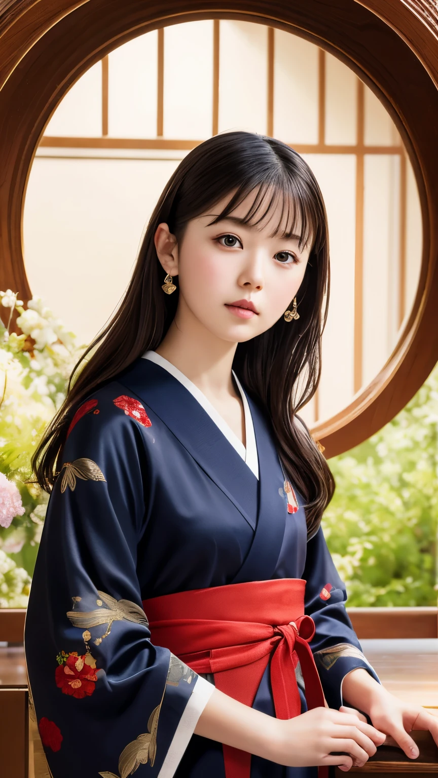 table top, highest quality, very delicate and beautiful girl,very delicate and beautiful, world masterpiece theater, Super detailed, very detailed, highest quality, very beautiful silky black hair,kimono,Japanese clothing,落ち着いた色合いのkimono,ナチュラルカラーのkimono, High resolution, very detailed,1 girl, highest quality, shape, looking at the viewer, Material, canvas, Oil, genuineistic, realist ,genuine,fantastic background,Otherworldly background,