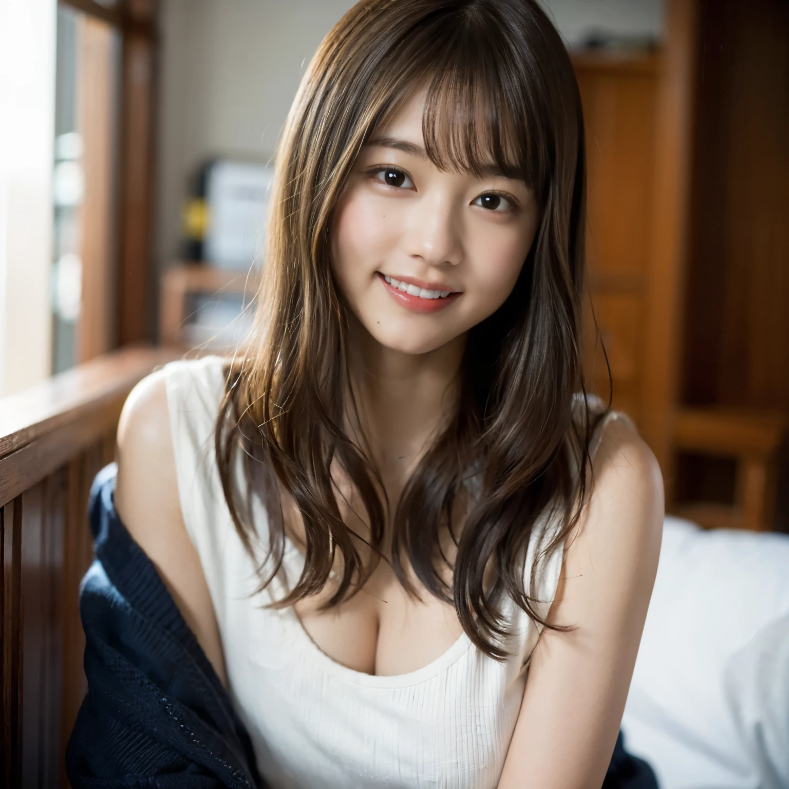 (8k、RAW photo、best image quality、masterpiece:1.2)、(genuine、フォトgenuine:1.37)、Super detailed、ultra high resolution、girl、1 person、eyes that look at the beholder、Beautiful face in every detail、smile、narrow、 (slim waist) :1.3)、dense and beautiful skin、skin texture、flowing hair、professional writing、as a whole human body、long hair、blonde、high school girl、Room wear、bob hair、happy smile、 smile、no makeup、16 years chubby、E cup breasts、whole body