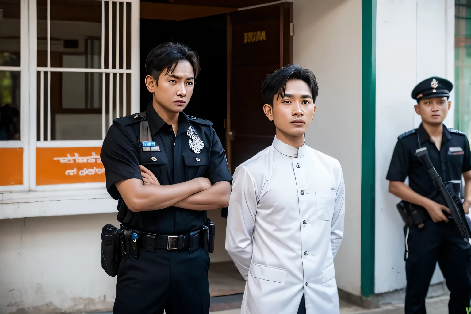 Three Myanmar men wearing black police uniforms are sealing the company,In the background is an office