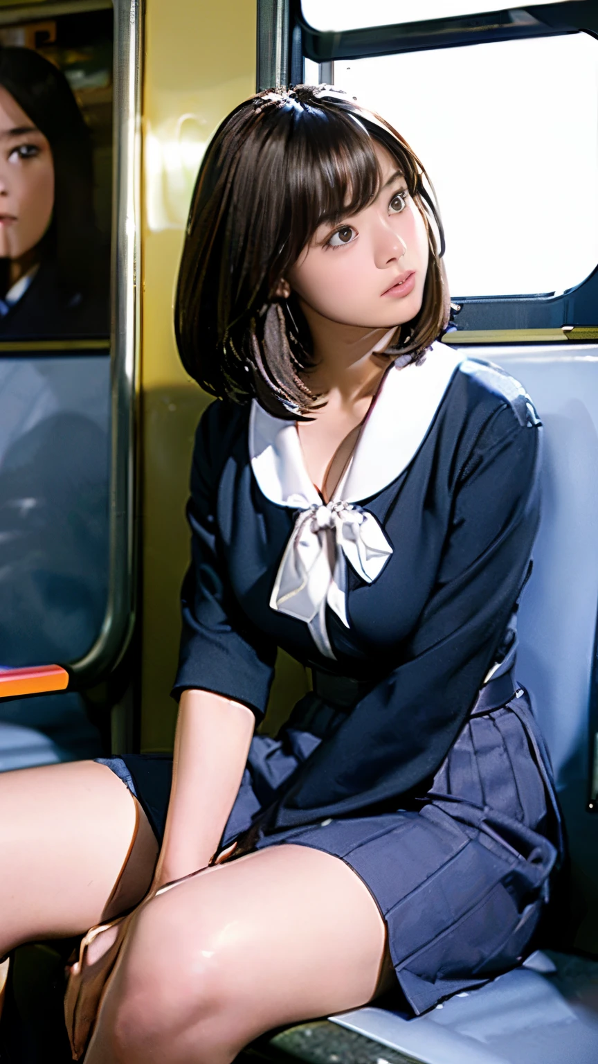 High-definition images, atmospheric perspective, 8k, super detailed, precise, best quality, 
1 girl, alone, Chest, looking at the audience, (look at the audience,:1.5),  
brown hair,  brown eyes, parted lips, underwear, underwear, (Japanese school), 
 (navy blue skirt), (sitting on a train seat:1.5), underwear, , parted lips, 
 lips, (navy blue skirt), Cowboy shooting,  (((spread your legs, arms crossed))), showing sexy white :1.5), actual ,
(white, collared shirt, ribbon tie),
(Don’t expose your upper body:1.5),
(Turn your body towards the viewer:1.5) , (from below, look up:1.5), ((15 year old Japanese girl, short bob))