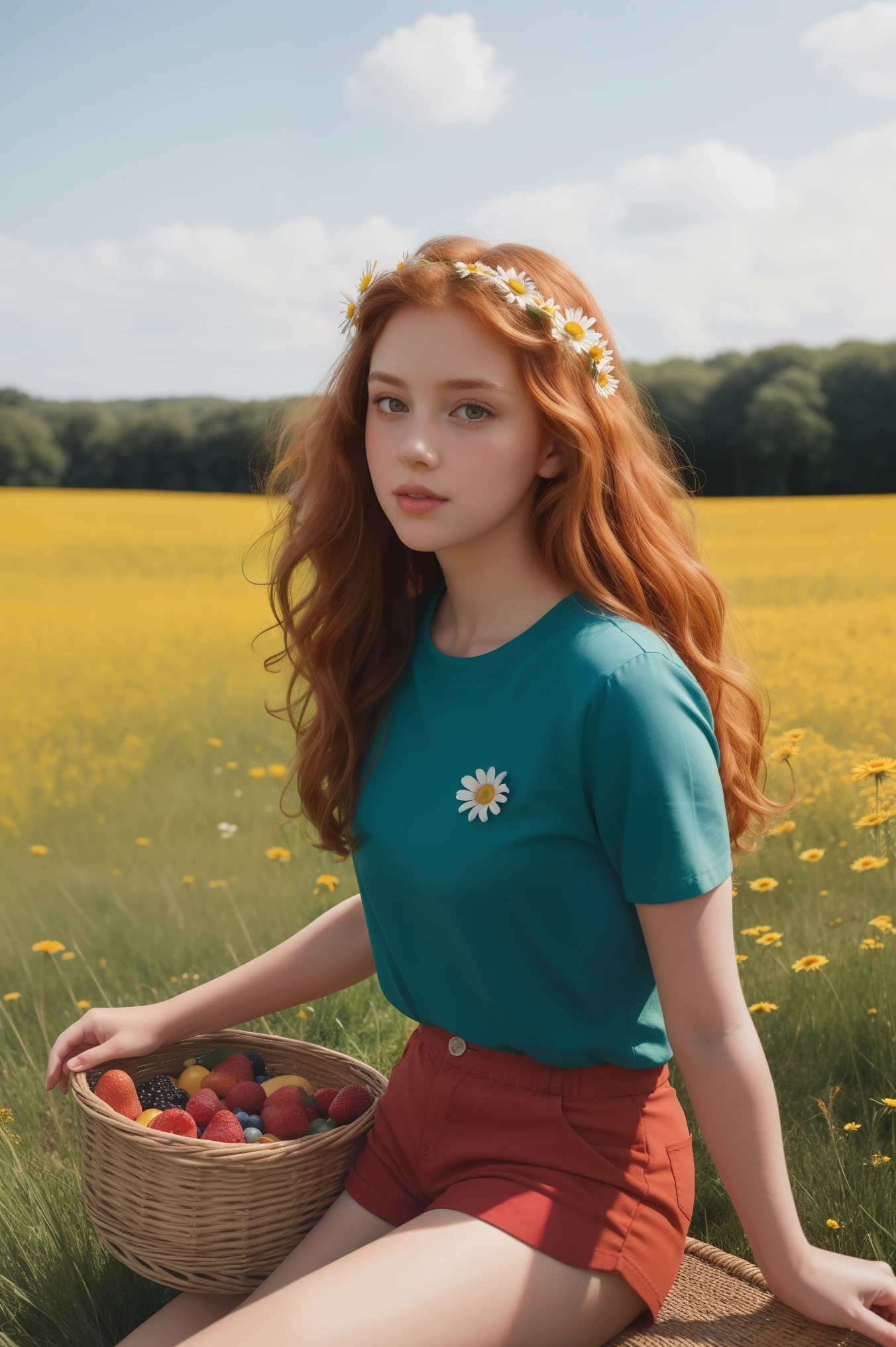 (girl:1.2),alone, (long ginger curly hair:1.1), brown eyes, Wearing a daisy wreath on your head, Sit in a daisy field, (fruit basket:1.1), blue shorts, red shirt,,raw,photographic,photo shadows,actual,Ridiculous,Aesthetic,elegant