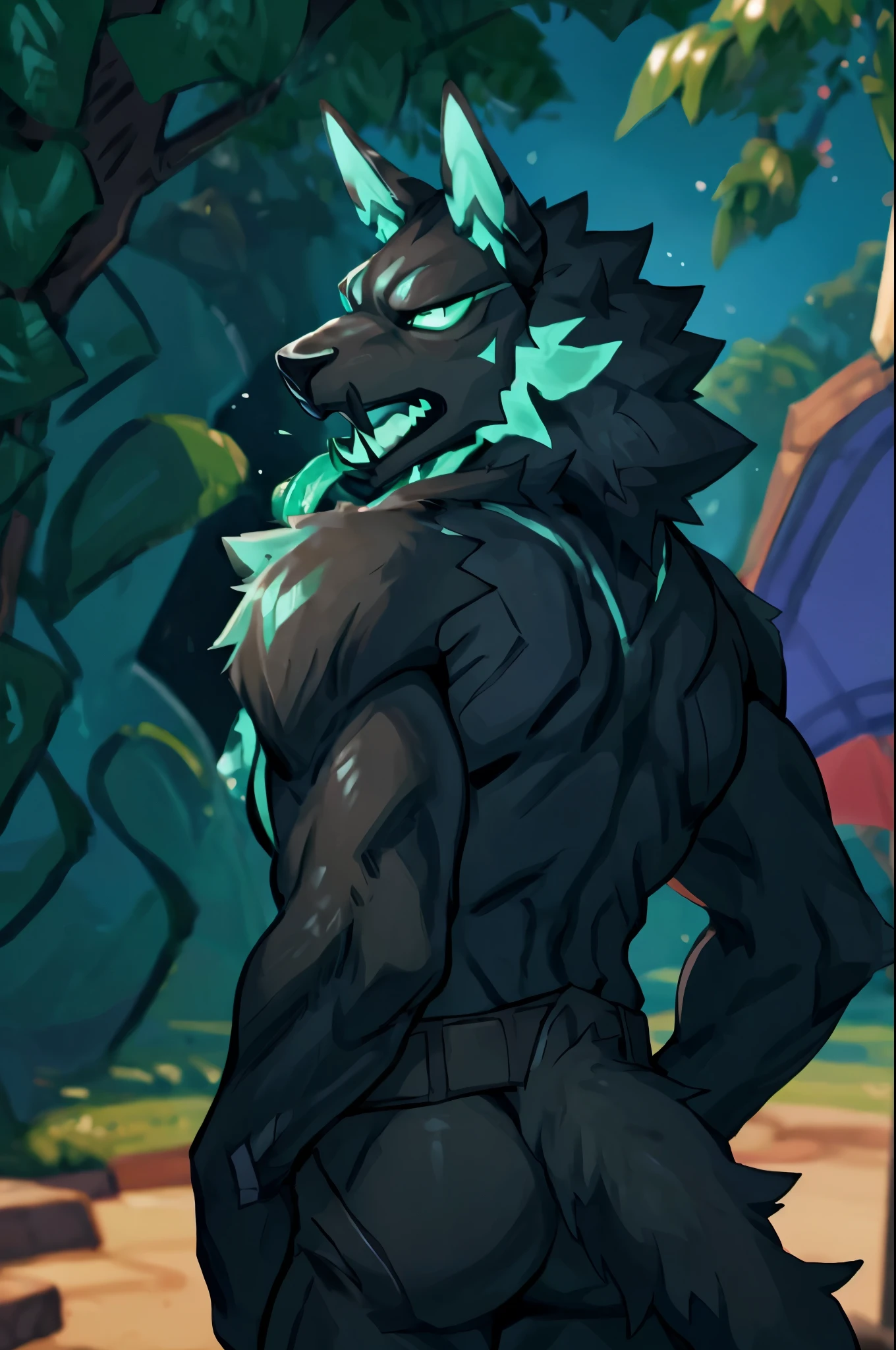 ((By Bebebebebe, by SpiritD, by K0BIT0WANI, best quality, masterpiece, perfect anatomy, detailed picture)), 1female, Cerberus, (Fortnite), sexy body fluffy tail, bikini, big breasts, shy, in the beach, tounge out, hands behind head, front view