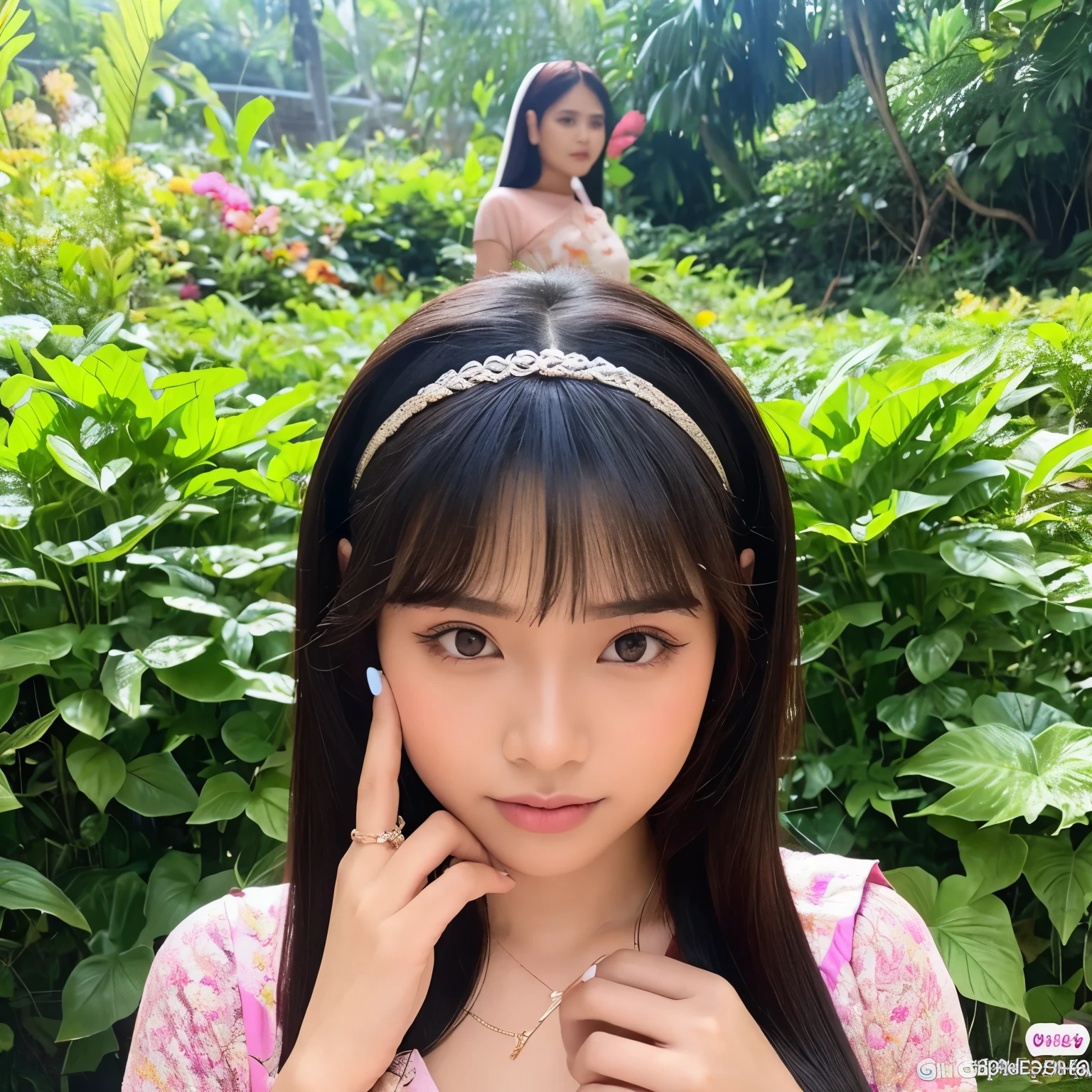 1girl in, age 20, Square face, Long hair, Looking at Viewer, jewelry, Realistic, A sexy, random outfits, multicolored outfits, mountain background, free pose