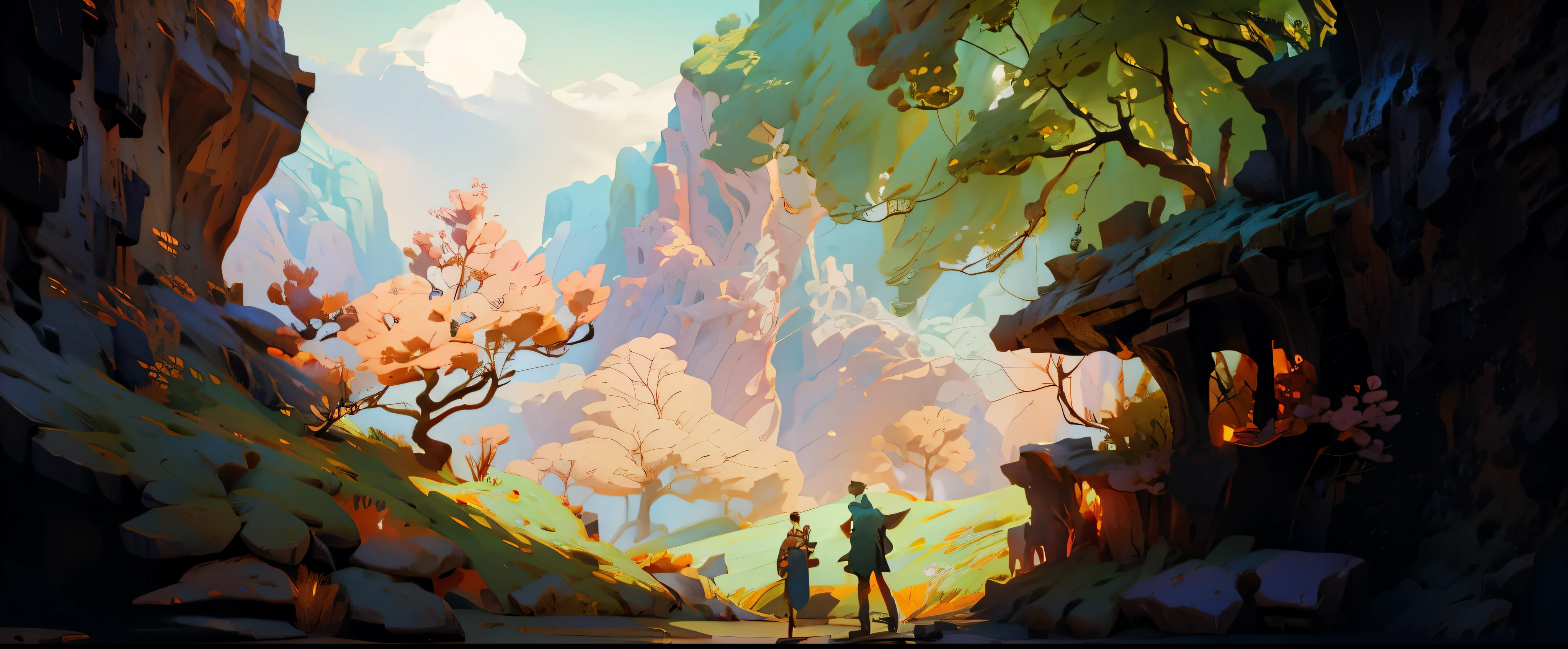 Two people standing in a cave looking at a dragon, Anime landscape, Few details. digital painting, Digital concept art illustration, A beautiful artistic illustration, concept art digital illustration, digital painting concept art, fantastic numbers, Very coherent stylized artwork, Colorful concept art, Produced by Anime Painter Studio, landscape artwork, Digital fantasy, Paintings by Android Jones