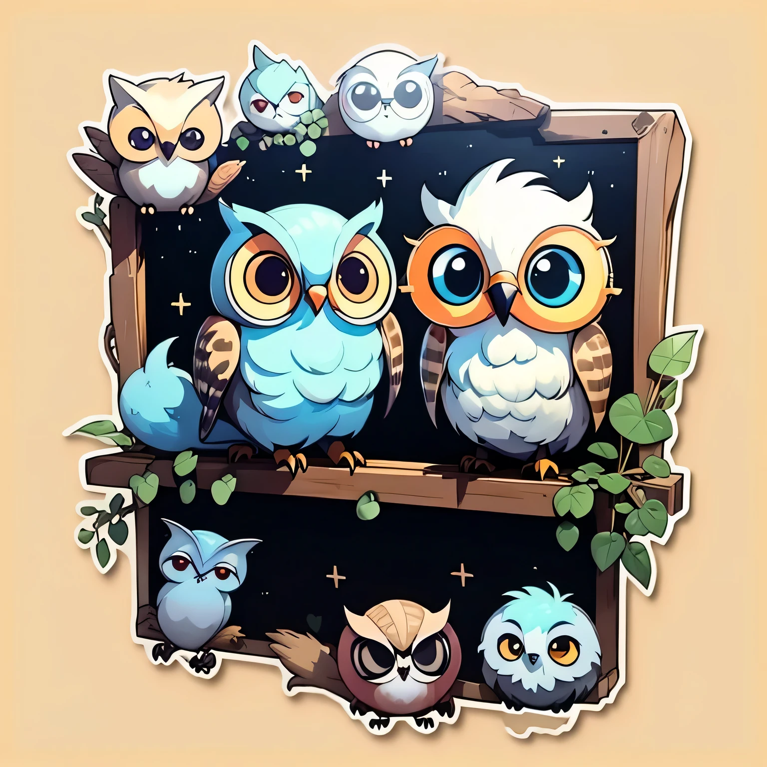sticker,  wise owl, owl with frame glasses, clean flat white background,