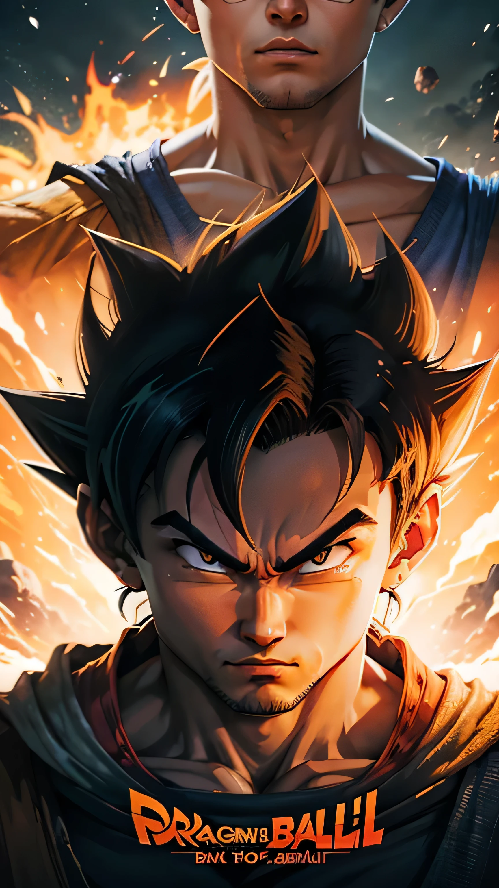 affiche du film d&#39;un nouveau Dragonball: avec Son Goku et Krilin, titre en haut, petite écriture en bas. (couleurs réalistes et lumineuses, ultra-detailed, dessin net, great sharpness, bokeh fantastique, Detailed pixel)