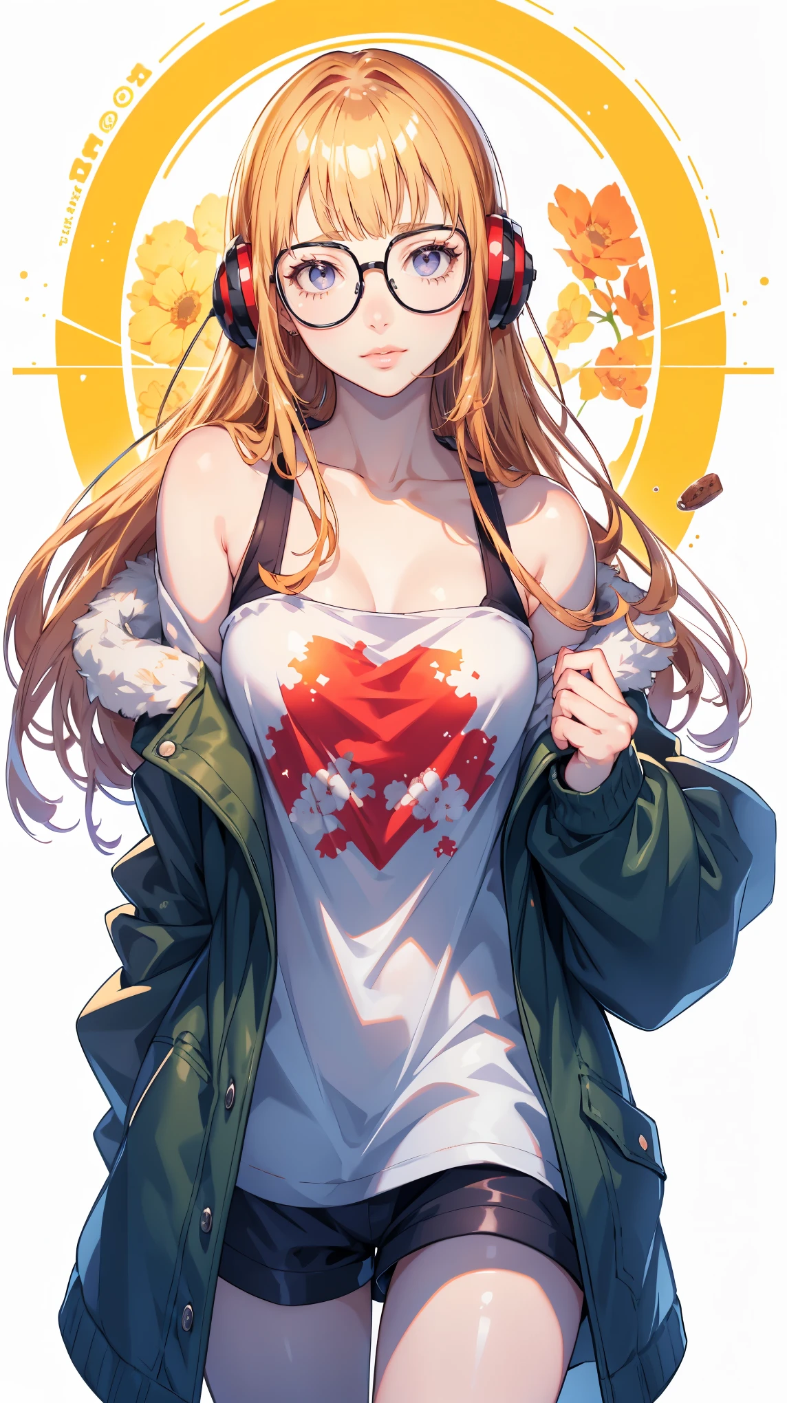 masutepiece, Best Quality, hight resolution, 1girl in, futaba sakura, Blunt bangs, eye glassesの,purple eyes , Ahoge,orange color hair、  eye glassesの, headphones,  bura, Jacket, off shoulders, Fur trim, fur-trimmed jacket, Green jacket, Shorts, ,the golden hour,A smile that showed teeth、1black cat、tea shop、On the counter、Coffee、futaba sakura、Purple eyes、orange color hair、eye glasses、,​masterpiece、top-quality、Official art、illustratio、ligne claire、(Cool_Color)、perfect-composition、focal、acurate, Anatomically correct、 、hight resolution, Beautiful detailed glow, masutepiece*Portrait, 3D Face, Realistic, (masutepiece: 1.3), (max resolution: 1.2), (Ultra HDTV: 1.2), cinematric light, 8K resolution, phi ,​masterpiece、top-quality、Ultra Detail、(((shiny lips: 1.4)))Beautiful face, acurate, Anatomically correct, phiAlways detailed face and skin texture, Detailed eyes, Double eyelids, tThin eyebrows、 pale skin, Lustrous skin all over the body, Perfect face,Always detailed face and skin texture, Detailed eyes, Double eyelids, Thin eyebrows,Natural cheeks, Glossy skin, Fair skin: 1.2, (Glossy lips: 1.4), (((最高にbeautiful a girl)))、(((beautiful a girl)))、（little blush）、（Beautiful face）、
Delicate and beautiful hair, Delicate and beautiful eyes and face, (Beautiful gorgeous cute western woman:1.3),)(((Very Beautiful face))))(((long lashes))))(((Circular twinkling eyes)))(((Glossy and glossy lips)))
(((Cheeks with a slight reddish tinge:0.8)))(((Neat and straight nose bridge)))、(((Cowboy Shot)))crouching cowgirl,