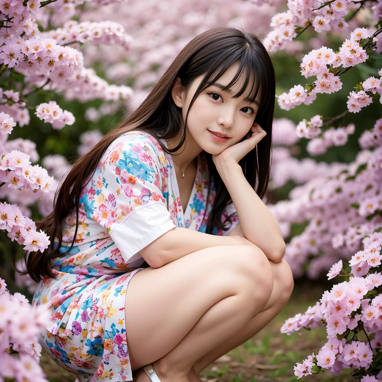 Best-quality, Masterpiece, Ultra-High-Resolution, (Photorealistic:1.4), Raw-Photo, 1girl, the most famous Japanese idol, squatting, wearing spring-clothes, innocent-smile, extremely cute face like the most popular Japanese idol, extremely beautiful big-black-eyes, extremely beautiful brown-hair, extremely beautiful skins, extremely beautiful long-eyelashes, extremely beautiful lips, extremely beautiful short-body