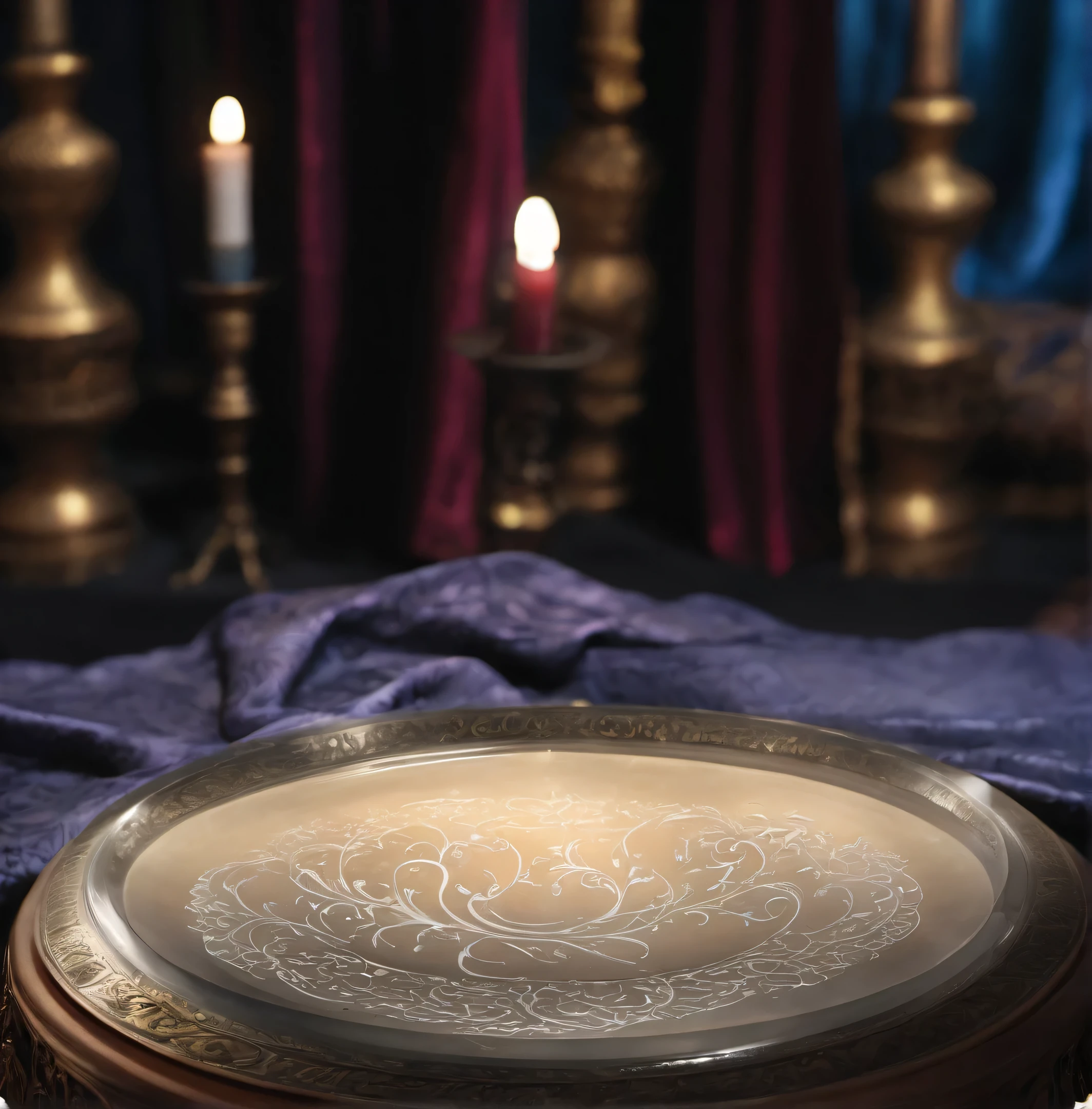 A plate with a pattern on it is placed on the table.., Spell casting, Spell casting wizard, Home Wicca Scene, cast a protection spell, black magic spells, altar of sacrifice, More on complex Wiccan scenes, The glorious upside-down holy grail, alchemical objects on the side, Sorcerer's Room, fortune teller, magic laboratory setting, devil'Magical rituals, Bright light is emitted from the pattern on the bottom of the plate..
