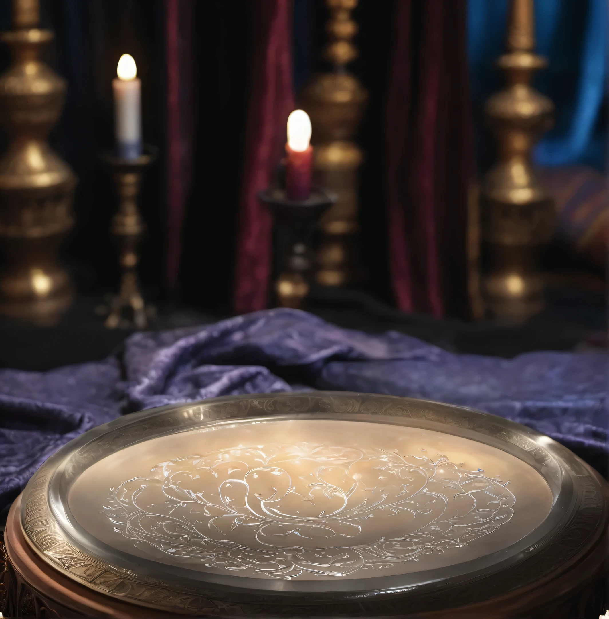 A plate with a pattern on it is placed on the table.., Spell casting, Spell casting wizard, Home Wicca Scene, cast a protection spell, black magic spells, altar of sacrifice, More on complex Wiccan scenes, The glorious upside-down holy grail, alchemical objects on the side, Sorcerer's Room, fortune teller, magic laboratory setting, devil'Magical rituals, Bright light is emitted from the pattern on the bottom of the plate..