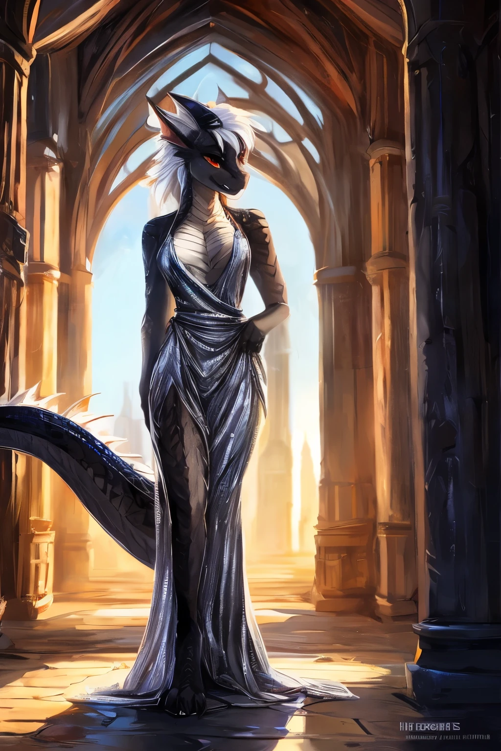 by kenket, Ross Tran, zaush, foxovh, by teranen, by fumiko, by Pixelsketcher, by Einshelm, (by Hioshiru), by fluff-kevlar, by Ajin, (dragon:1.4), (black dragoness), ((anthro)), 8k, 4k, 2k, detailed, intricate, (female), ((solo)), ((scaly)), (masterpiece), best quality, (detailed scales:1.4), NSFW, (hogsks), (photo-realistic), hogwarts, harry potter, uploaded on e621, (by hioshiru), by sefeiren, digitigrade, girl, castle, ((black scales)), gray belly scales, (scaled skin), red eyes, white hair, ((long tail)), ((thick tail)), skinny, slim build, long legs, clawed feet, long ears, long snout, small breasts, teasing grin, poking tongue out, full body portrait, castle corridor, evening lighting, ((silver gown)), evening dress, evening gown, formal gown, sparkling gown, sparkling dress, shimmering gown, dress slit up the side, hc_gown, wearing hc_gown, haute couture, stockings, 连体stockings, silk stockings, sheer stockings, garter belt, white stockings