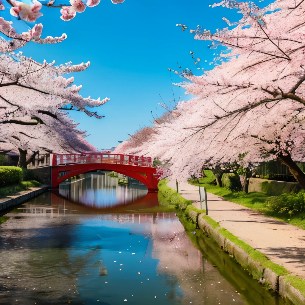 Cherry blossom trees in full bloom rainbow red bridge