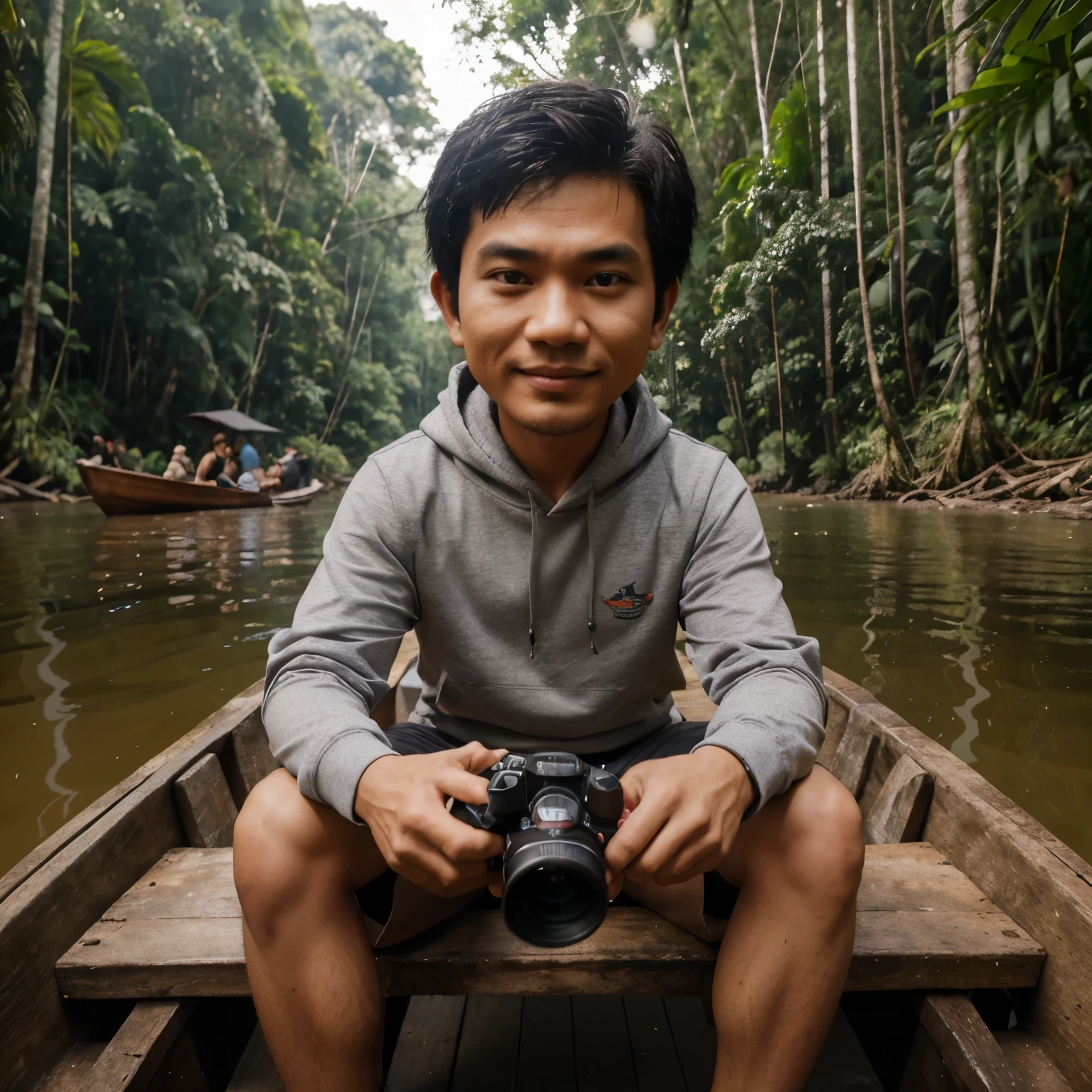 Make a 3D caricature,  a photo an Indonesian man, neat short hair,  Happy expression, gray hoodie, black shorts, sitting in a wooden boat on the river while wearing a sony Alpha camera, the river is in  the middle of a rainforest an there are big trees, surroundedsurrounded by lost of birds,  ultra HD. 
