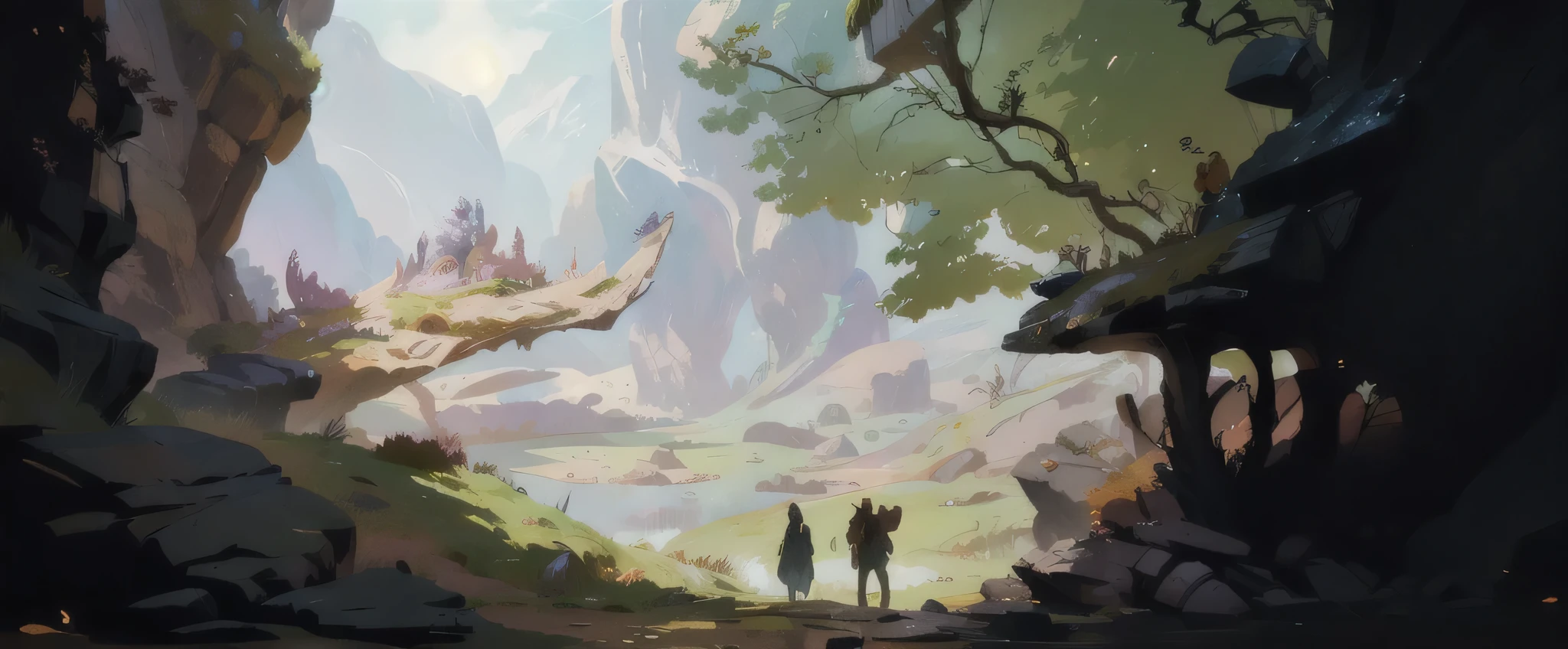 Two people standing in a cave looking at a dragon, Anime landscape, Few details. digital painting, digital concept art插画, A beautiful artistic illustration, concept art digital illustration, digital concept art, fantastic numbers, Very coherent stylized artwork, Colorful concept art, Produced by Anime Painter Studio, landscape artwork, Digital fantasy, Paintings by Android Jones