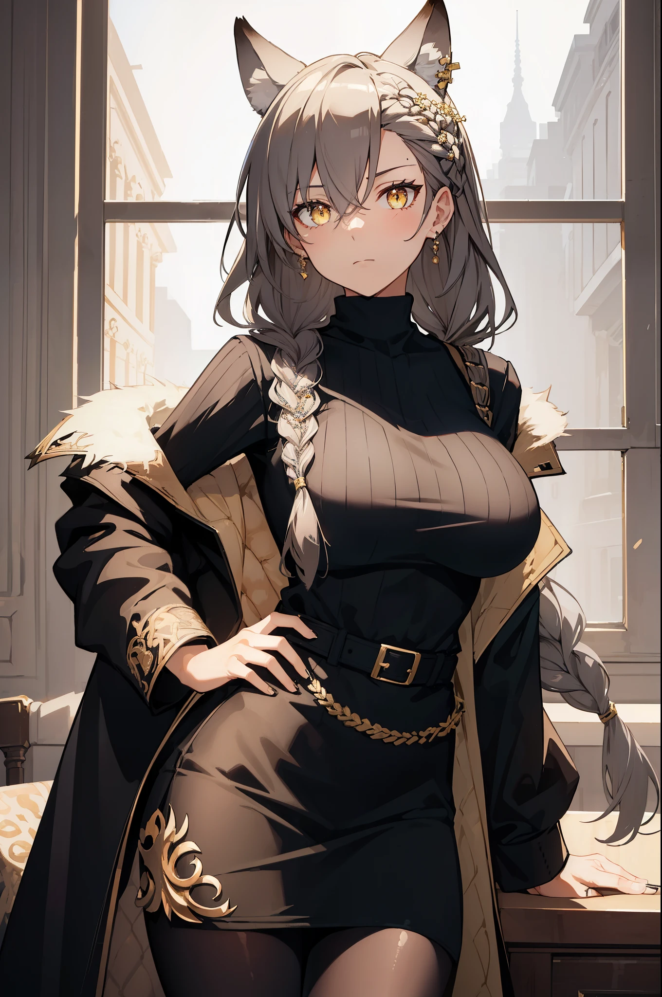 (best quality:1.3), (masterpiece:1.3), (illustration:1.3), (ultra-detailed:1.3), ((Best quality)), animal ears, wolf ears, extra ears, long hair, dark gray hair, wolf girl, yellow eyes, hair between eyes, closed mouth, jewelry, bangs, ((large breasts)), indoors, standing, ((serious expression, slanted eyes)), turtleneck sweater, fur-trimmed coat, mature, tall, braid, french braid, elegant, hair ornaments, black pencil skirt, pantyhose, belt buckle,