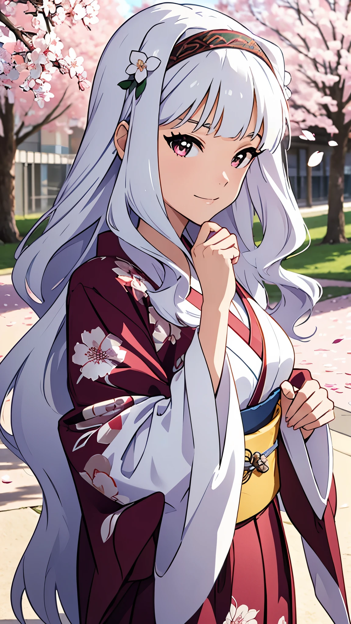 CG, unity, 8k, wallpaper, highest quality, masterpiece, lovely woman wearing a kimono, 18-year-old, white hair, white skin, best lighting, complex pupils, complex textile, detailed background, under the cherry tree, Cherry blossom petals are dancing around