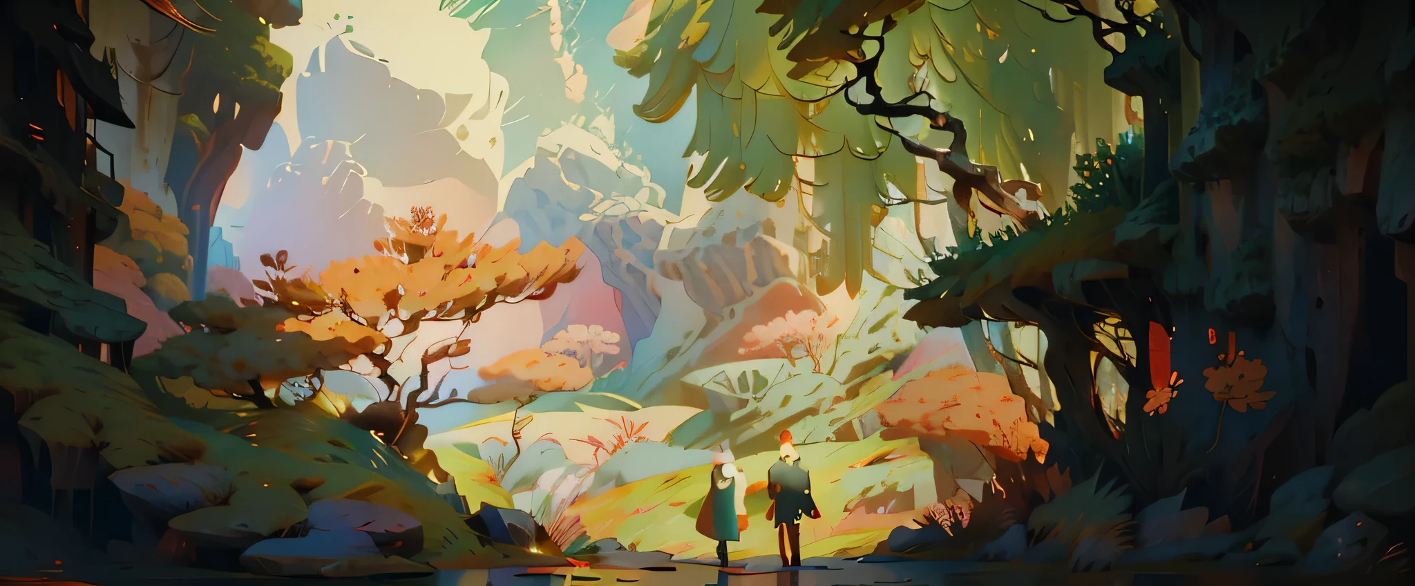 Two people standing in a cave looking at a dragon, anime scenery, some details. number, number概念艺术插画, A beautiful artistic illustration, 概念艺术number插图, number概念艺术, 梦幻般的number, Very coherent stylized artwork, Colorful concept art, Produced by Anime Painter Studio, landscape artwork, number幻想, Paintings by Android Jones