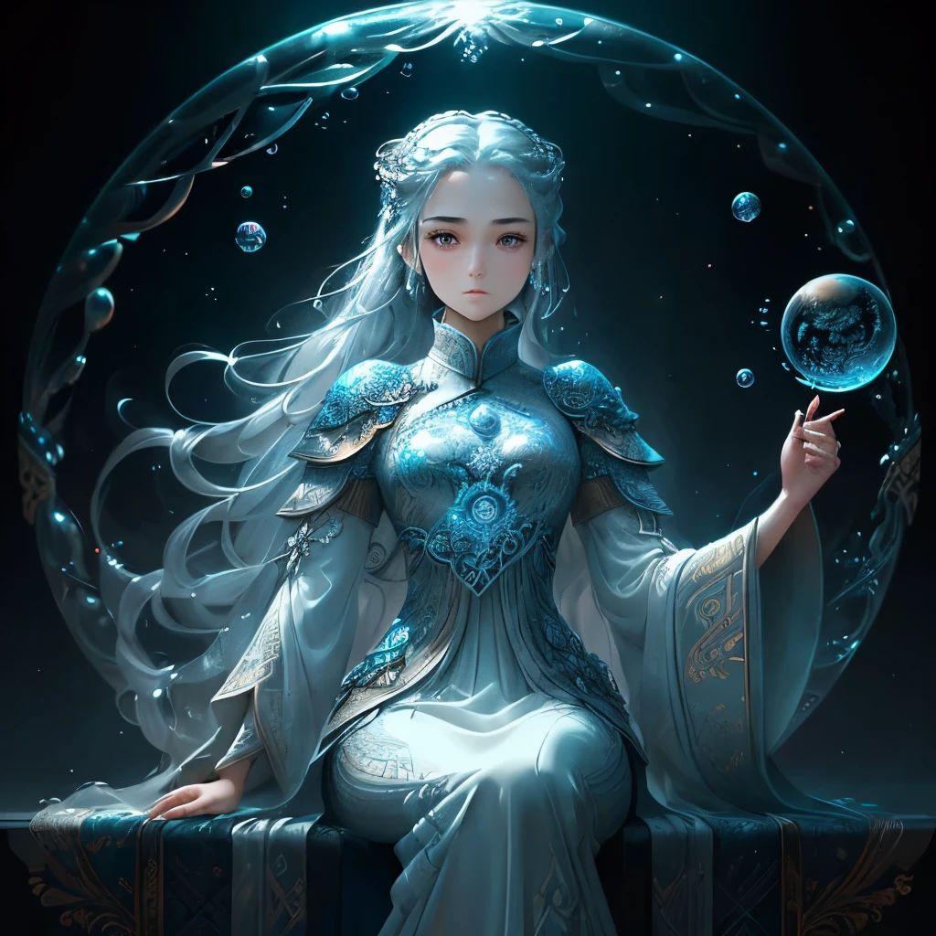 Masterpiece of top quality and best aesthetics (1.2), (One gorgeous girl: 1.2), inviting a sense of cuteness and admiration. Extreme detailed, (abstract: 1.4, fractal art: 1.3), Vlasik of silver hair (1.1), blue eyes shining like the ocean.

A beautiful girl, imprisoned in a colossal, jewel-toned soap bubble, stands serene and contemplative, evoking the essence of Game of Thrones and Tai Chi. The bubble's intricate webbing, mirroring the fractal patterns of nature, glistens with a highest detailed, colorful,