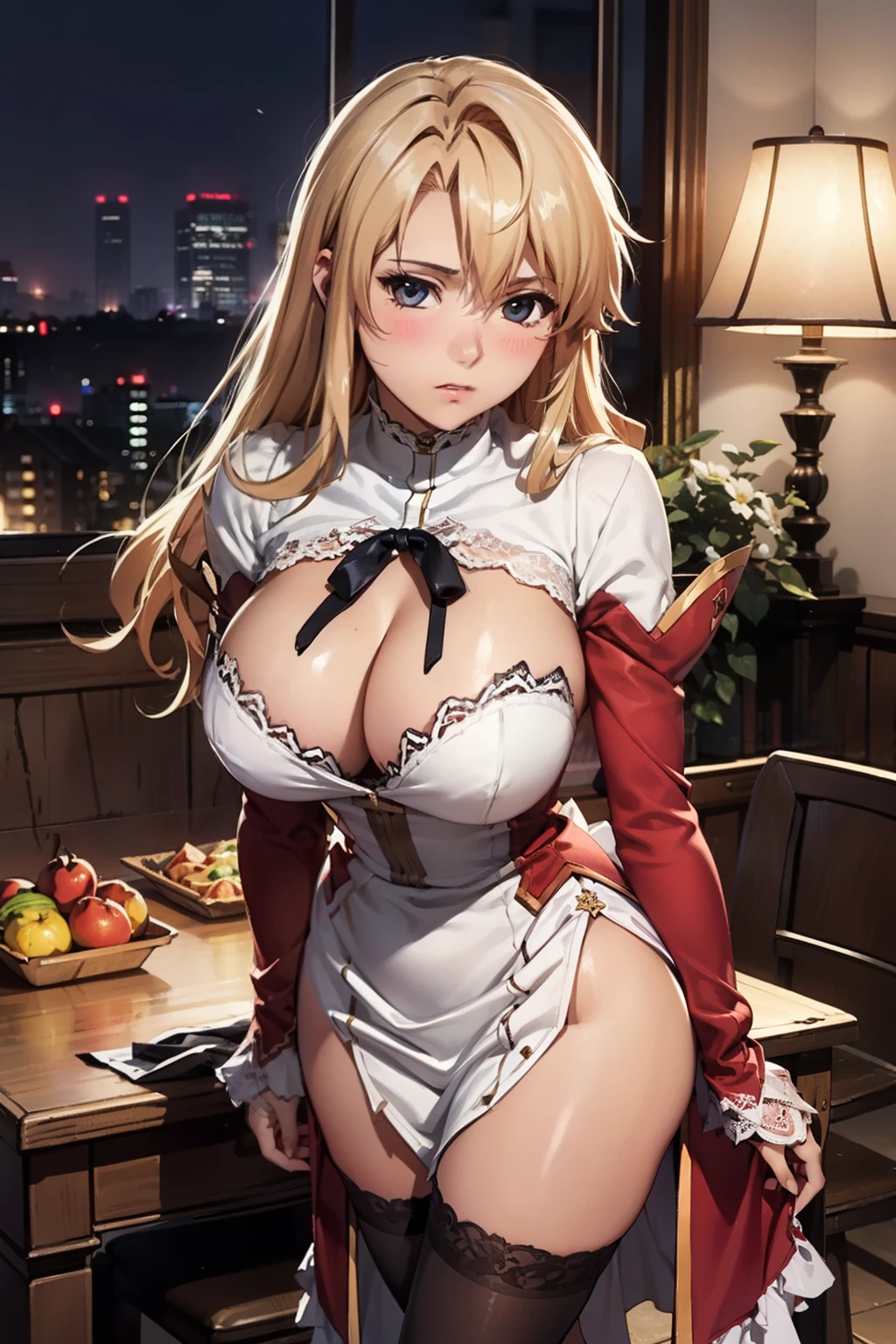 （(leaning forward、bust focus)),anime style、masterpiece、highest quality、1 girl、(big breasts:1.3、shiny skin:1.5,blush)、satella、blonde hair、long hair、cowboy shot、dress、brown cross lace shoes、cleavage、black ribbon、clothing clippings、juliet sleeves、white thigh high socks