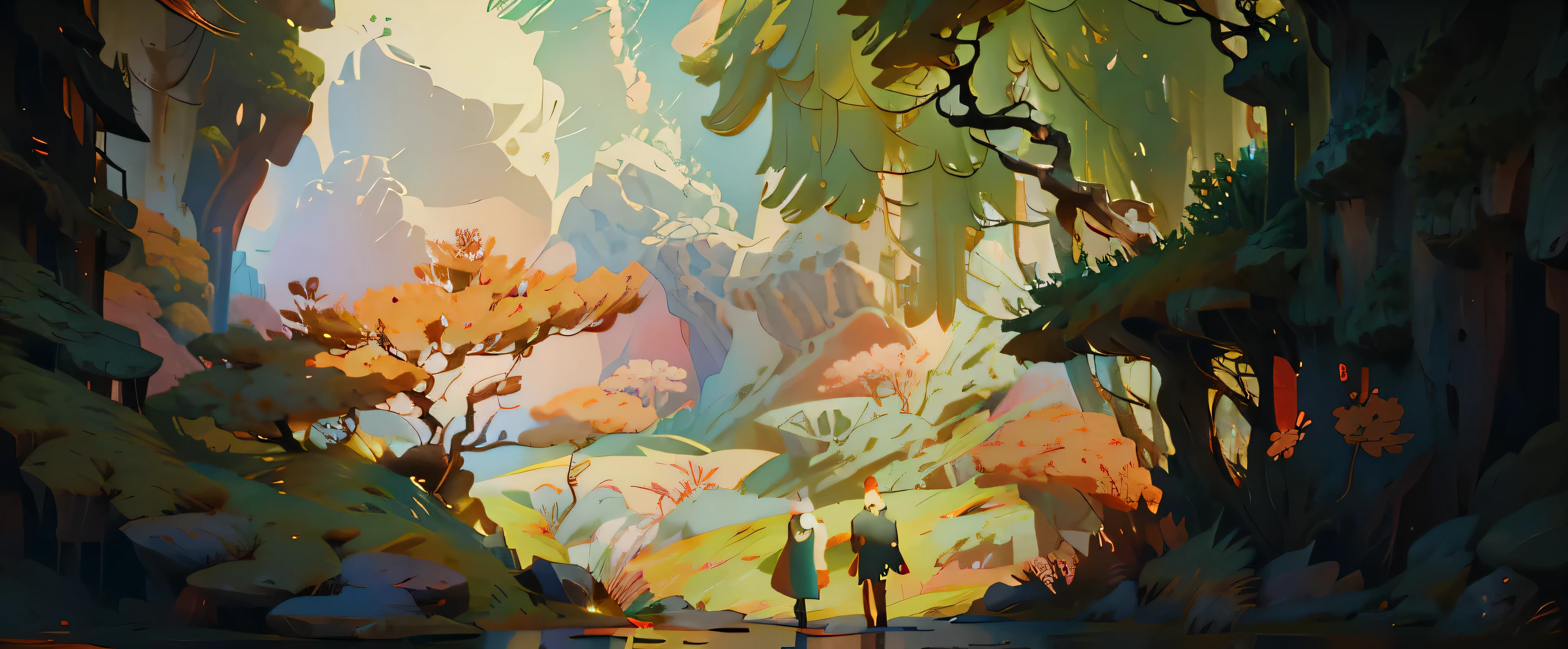 Two people standing in a cave looking at a dragon, Anime landscape, some details. number, number概念艺术插画, A beautiful artistic illustration, 概念艺术number插图, number概念艺术, 梦幻般的number, Very coherent stylized artwork, Colorful concept art, Produced by Anime Painter Studio, landscape artwork, number幻想, Paintings by Android Jones