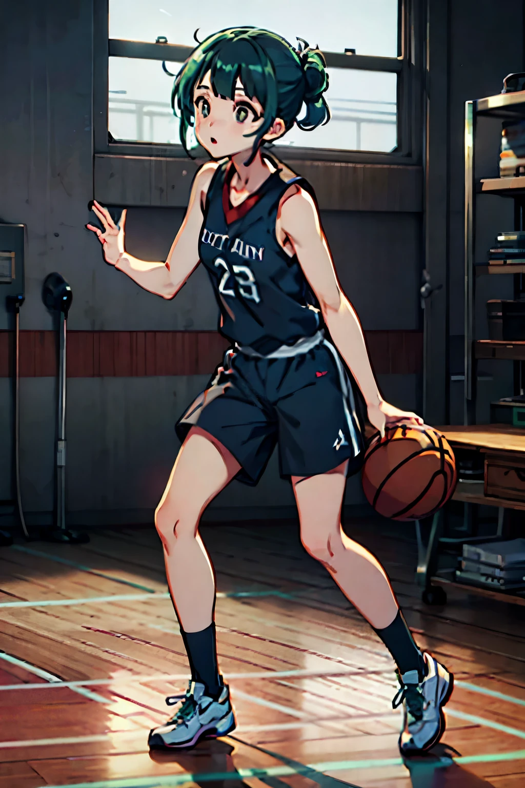 I&#39;m thin、narrow waist、legs are also thin、wearing a basketball uniform、green hair color、eyes are purple、basketball court、playing basketball
