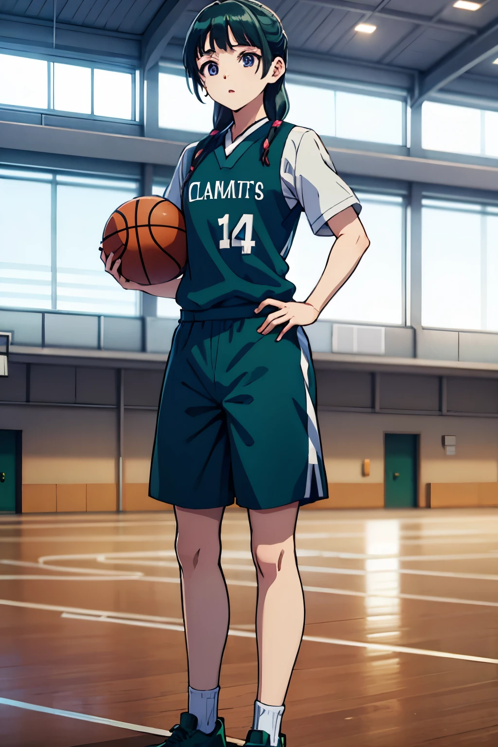 I&#39;m thin、narrow waist、legs are also thin、wearing a basketball uniform、green hair color、eyes are purple、basketball court