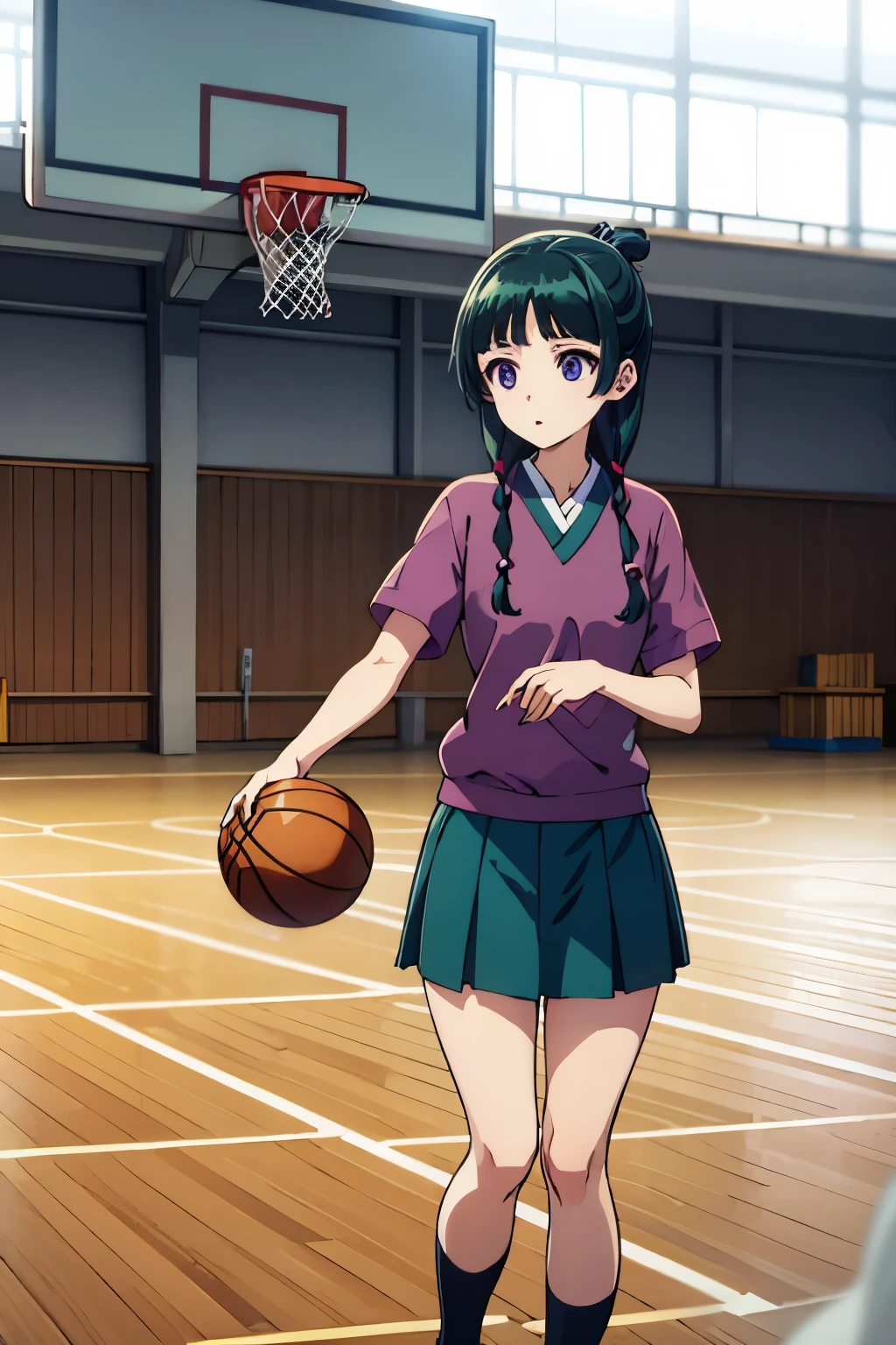 I&#39;m thin、narrow waist、legs are also thin、Japanese high school uniform、green hair color、eyes are purple、basketball court、playing basketball