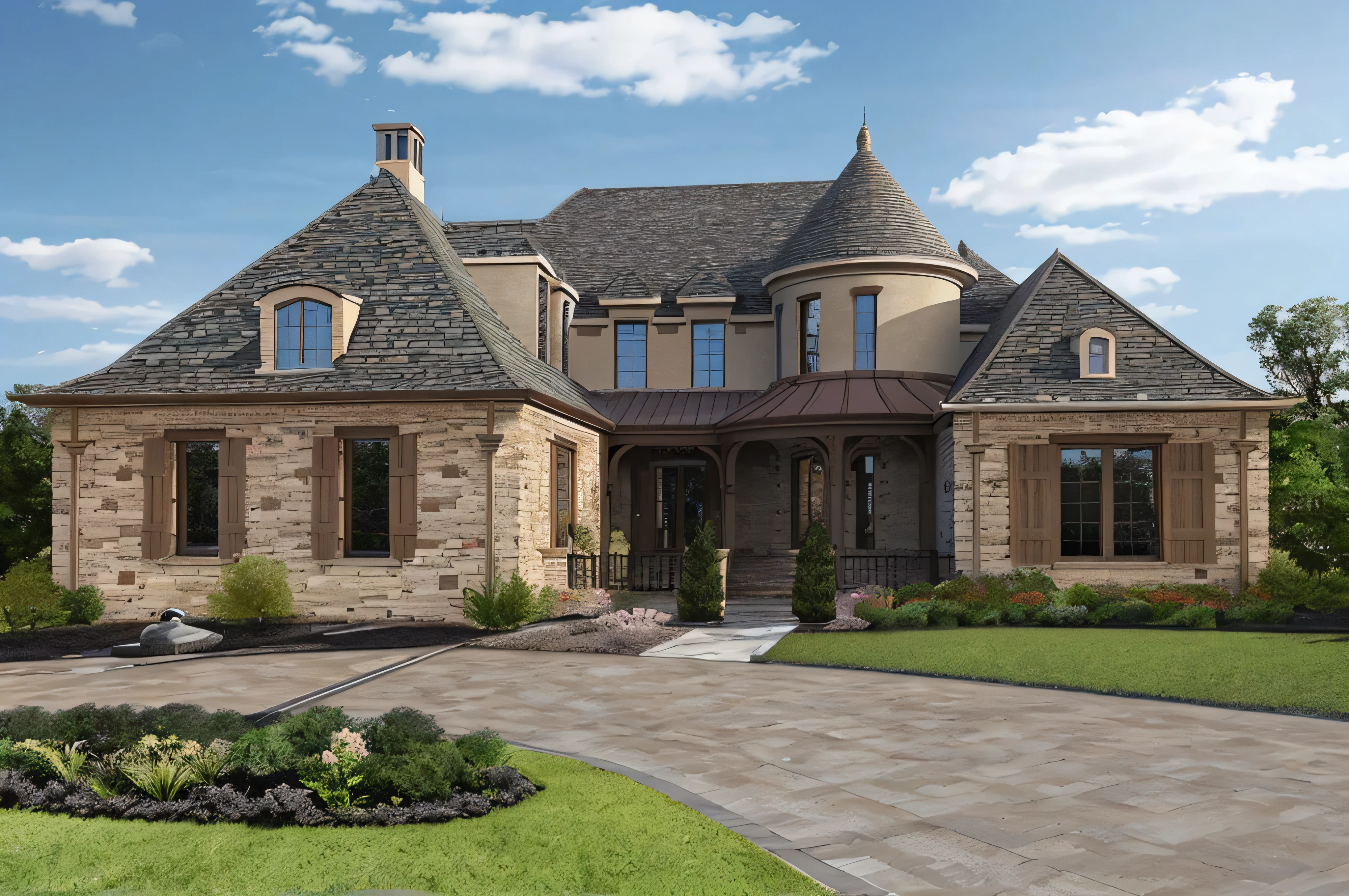 arafed brick house with a turret roof and a driveway, elegant highly detailed, custom modern castle, french village exterior, high quality rendering, rendering, luxury castle, architectural rendering, front view dramatic, beautiful rendering, exterior design, exquisite rendering, stunning grand architecture, ornate retreat, exquisite architecture, ornately detailed, exterior photography, detailed rendering