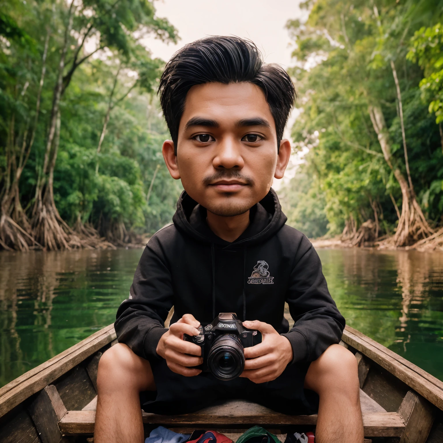 Make a 3D caricature, a photo an Indonesian man, neat short hair, black hoodie, black shorts, sitting in a wooden boat on the river while wearing a sony Alpha camera, the river is in the middle of a rainforest an there are big trees, surroundedsurrounded by lost of birds, ultra HD.