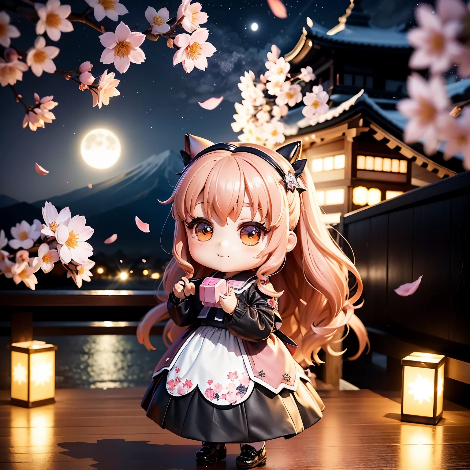 Nendoroid、Chibi doll high school girl happily holding a present、stars in the eyes(about)、looking at camera、Kaihuai、night、Light up the cherry blossoms、sharp focus, Super detailed, 、petals are falling、Fuji Mountain、the moon shines、