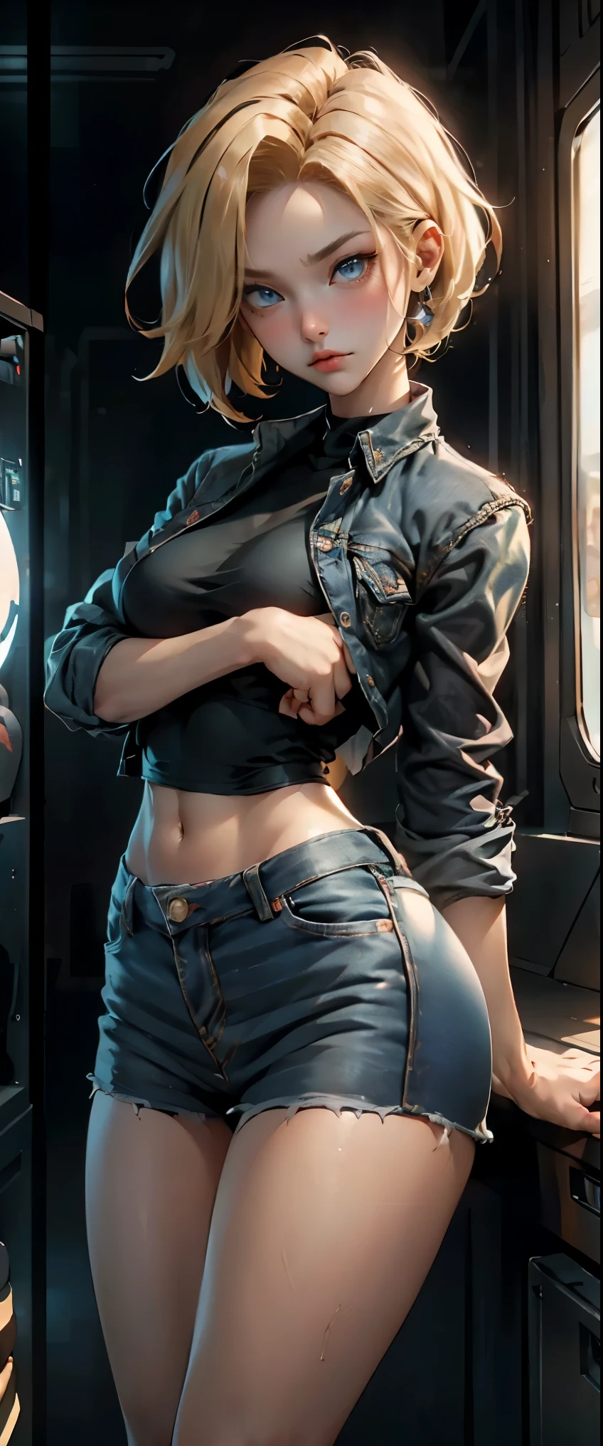 ((masterpiece, highest quality, Highest image quality, High resolution, photorealistic, Raw photo, 8K)), Woman with blonde short hair and black top, denim mini skirt, android 18, anime girl, (She is wearing a short skirt, a long-sleeved shirt, and a Slim Denim Vest), (very detailed figure), saiyan girl, beautiful portrait of android 18, casual pose, badass pose, Detailed skin, blue eyes, thighs visible, In Dynamic Pose, grim face, stand with one's legs spread apart, ((The screen says "Android 18" in large letters)),