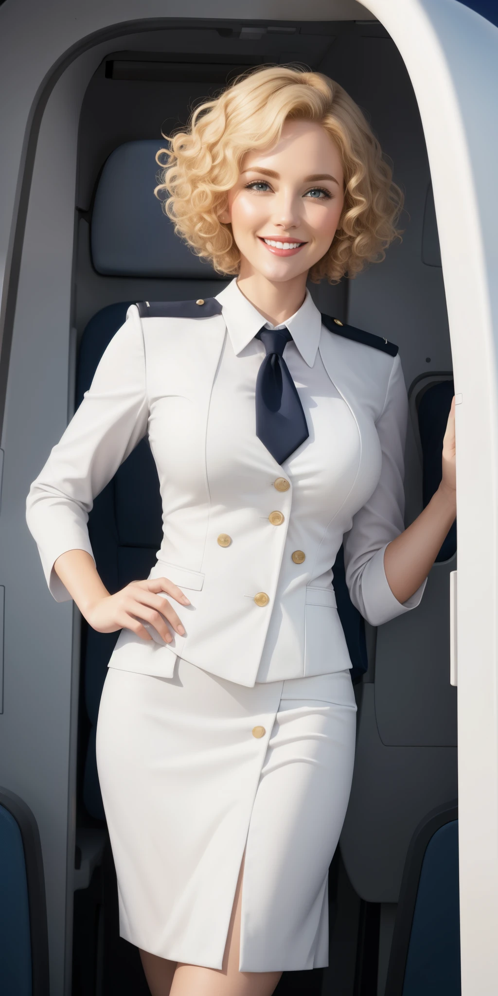 (white flight attendant uniform),looking at viewer,smiling,happy,curly blond short hair, standing, inside the airplane,