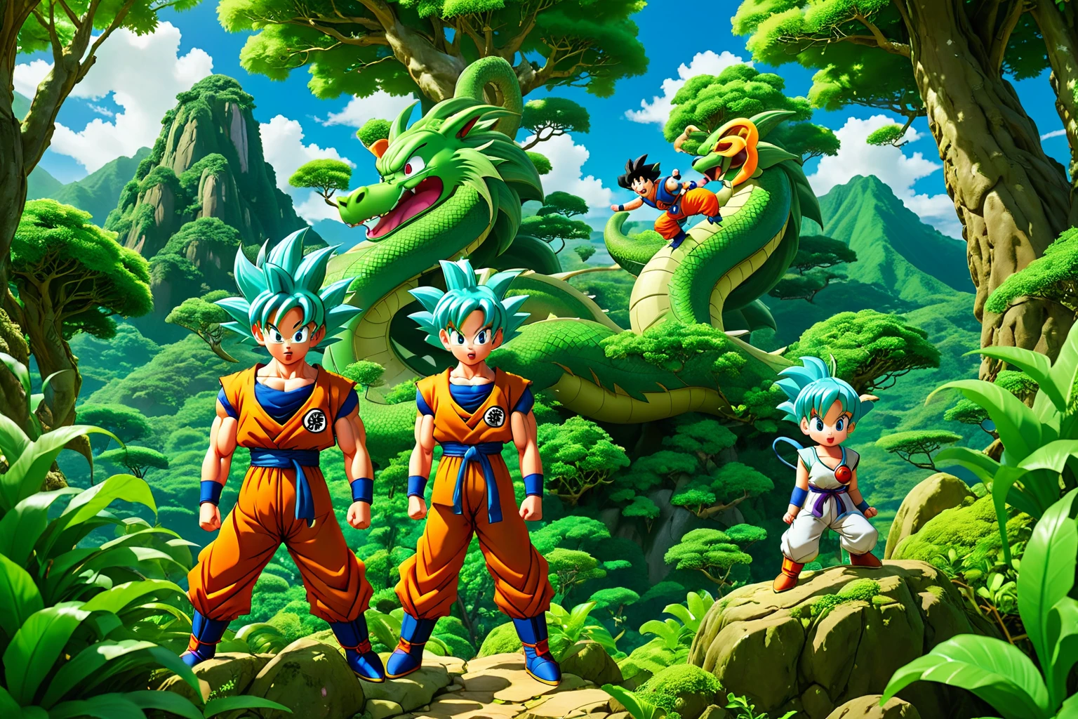 Dragon Ball漫画人物，Sun Wukong，((Boomer))，Encounter at Baozi Mountain，Four Star Dragon Ball，小悟空正将Four Star Dragon Ball交给布尔玛，Verdant jungle，Towering trees and dense shrubbery create a vibrant backdrop，The entire picture adopts the techniques of comics and illustrations，Show the innocence of childhood and the warmth of friendship。