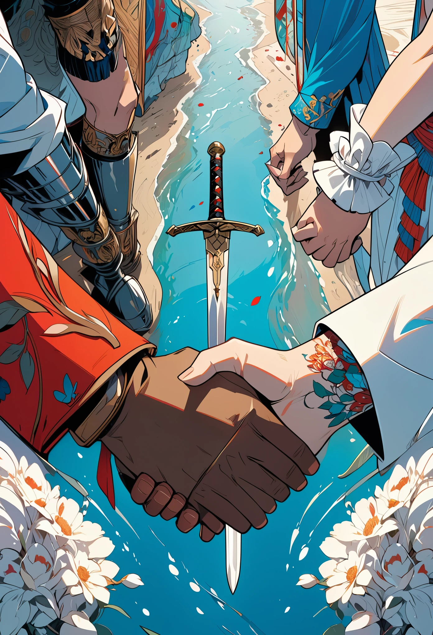 a Knight with a sword in front of him is holding hands,ultrarealistic,4k hd,art by Tomer Hanuka and Atey Ghailan and J Scott Campbell and Conrad Roset and Kaethe Butcher vibrant colours,intricate details,