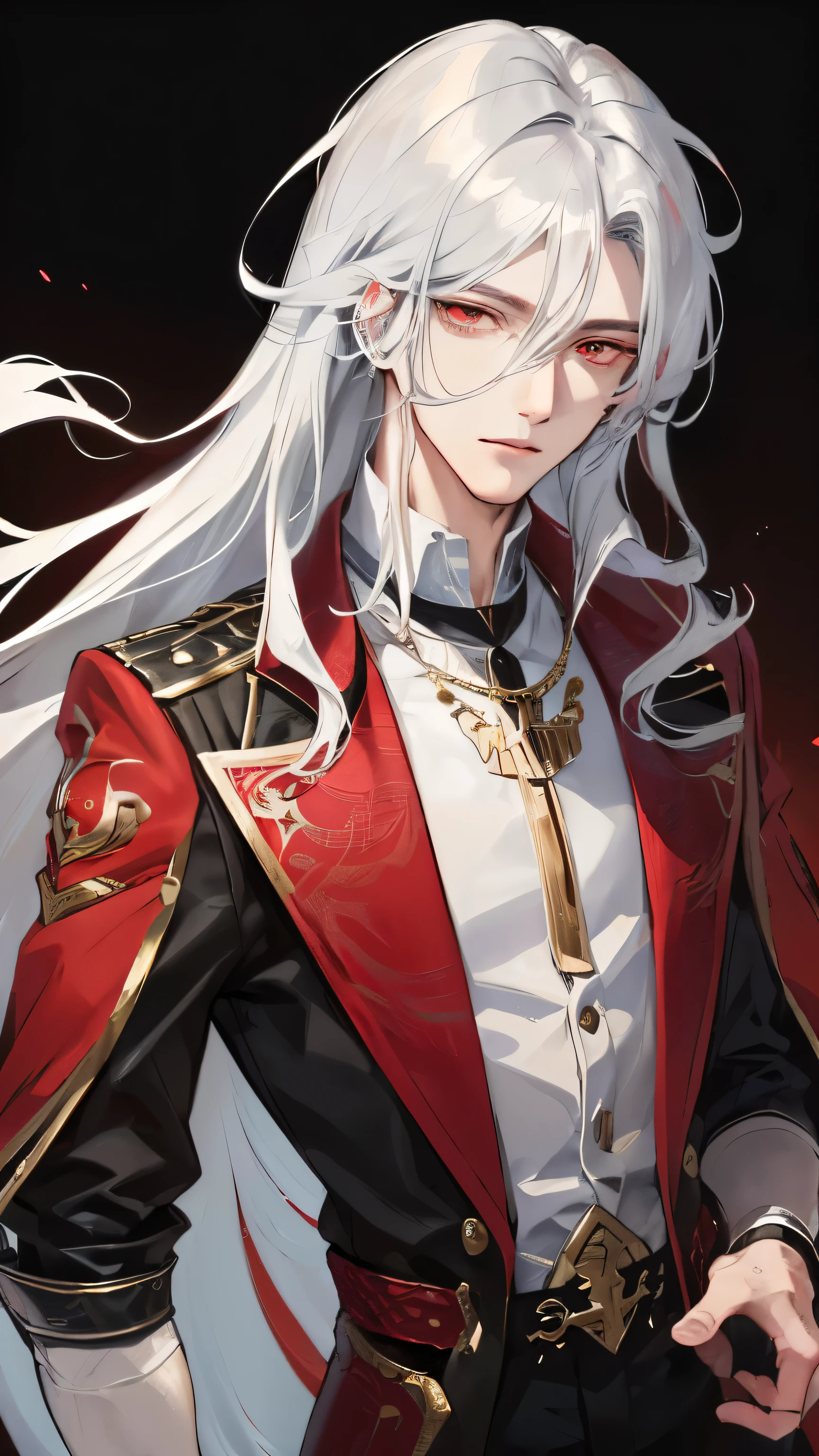 A young man with long silver hair and straight red eyes.., Create an atmosphere of wisdom and charisma. his handsome face、 attractive appearance, he stands alone, create a sense of mystery and charm. (masterpiece), (highest quality), 1 person,anime character style，An illustration，another world，Young youth，sexy，