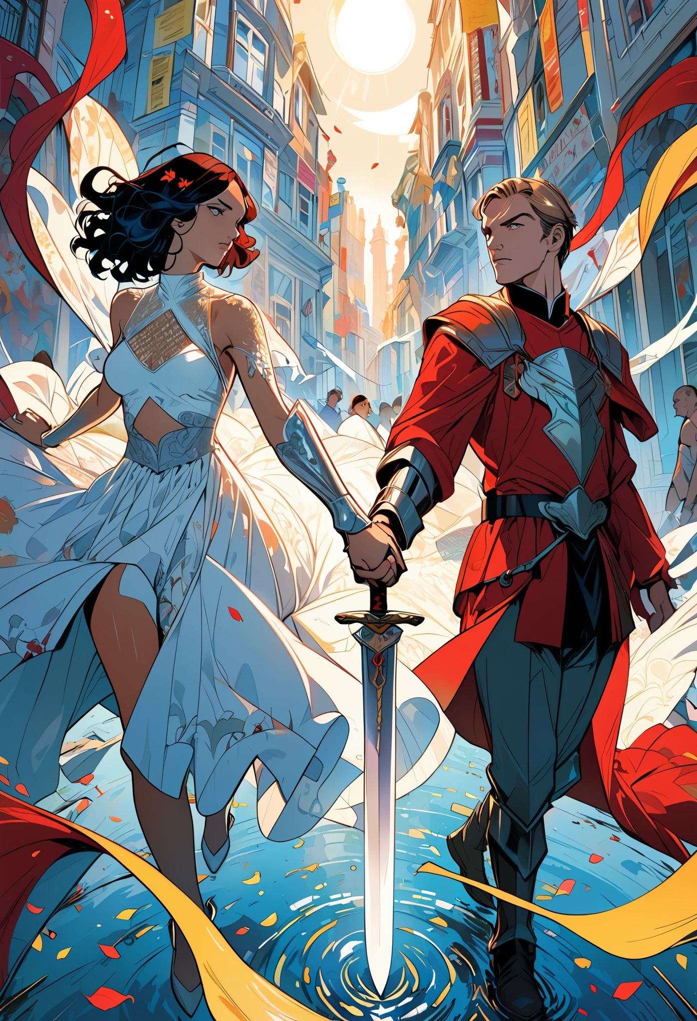 a Knight with a sword in front of him is holding hands,ultrarealistic,4k hd,art by Tomer Hanuka and Atey Ghailan and J Scott Campbell and Conrad Roset and Kaethe Butcher vibrant colours,intricate details,