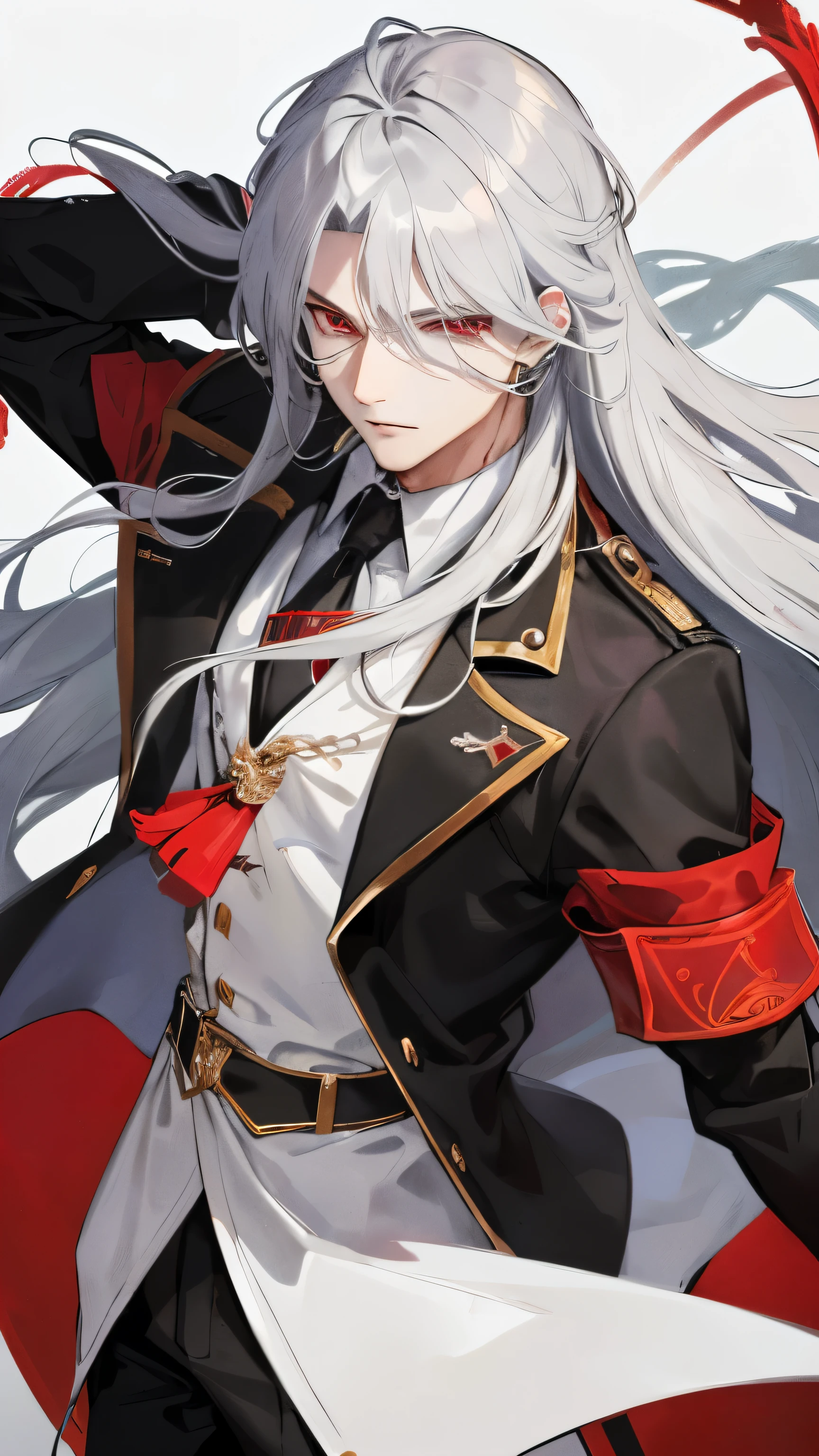 A young man with long silver hair and straight red eyes.., Create an atmosphere of wisdom and charisma. his handsome face、 attractive appearance, he stands alone, create a sense of mystery and charm. (masterpiece), (highest quality), 1 person,anime character style，An illustration，another world，Young youth，sexy，