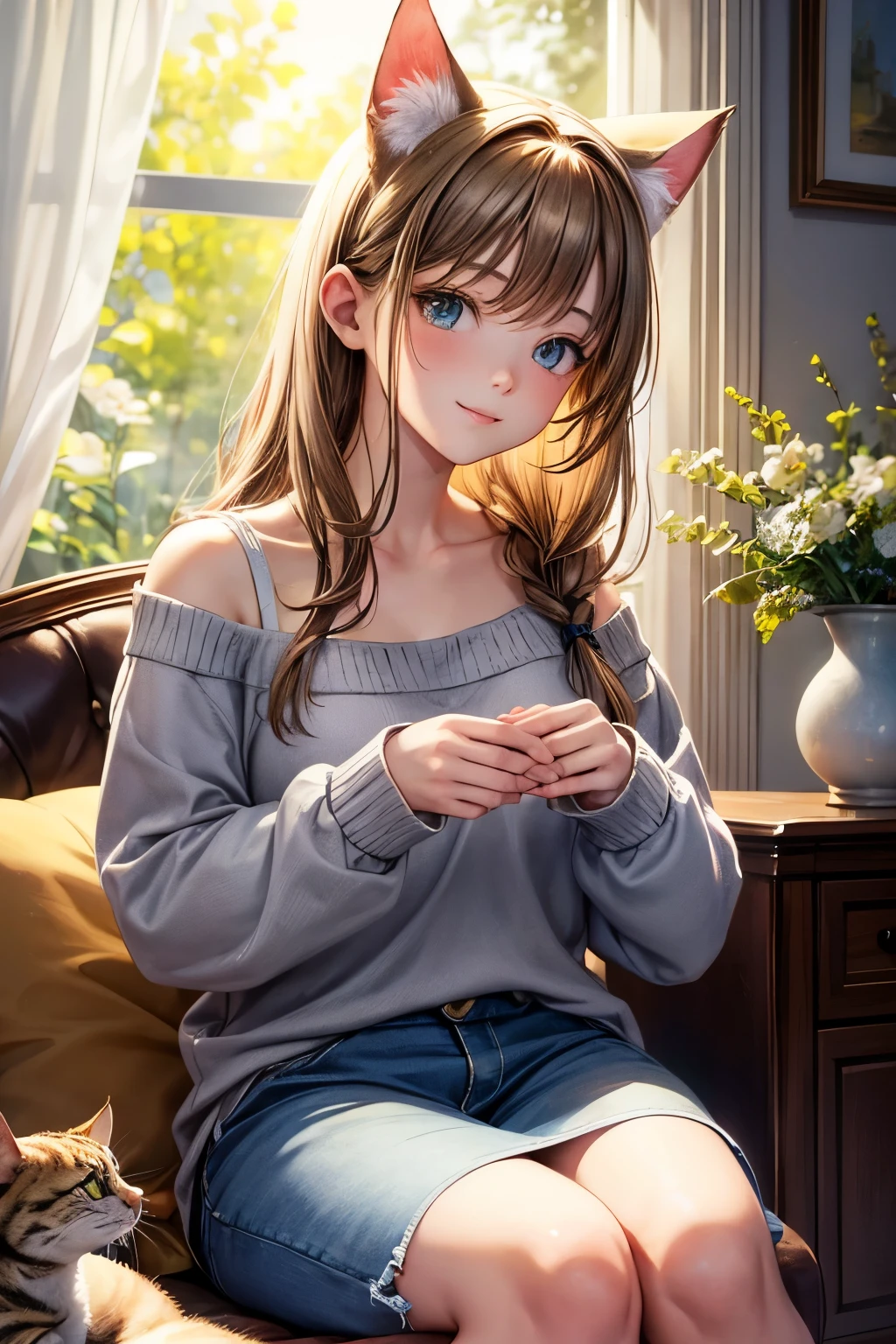 Masterpiece, best quality, 1 girl with a cat, cozy living room setting, soft natural lighting, girl wearing a sweater and jeans, cat perched on her lap, whimsical watercolor style, intricately detailed cat features with expressive eyes and ears, girl's hair cascading around her shoulders, warm colors, realistic rendering, adorable smiles on both the girl and the cat, relaxed and intimate atmosphere, displaying the cat's paws and the girl's hands gently petting it, creating a heartwarming connection between them.