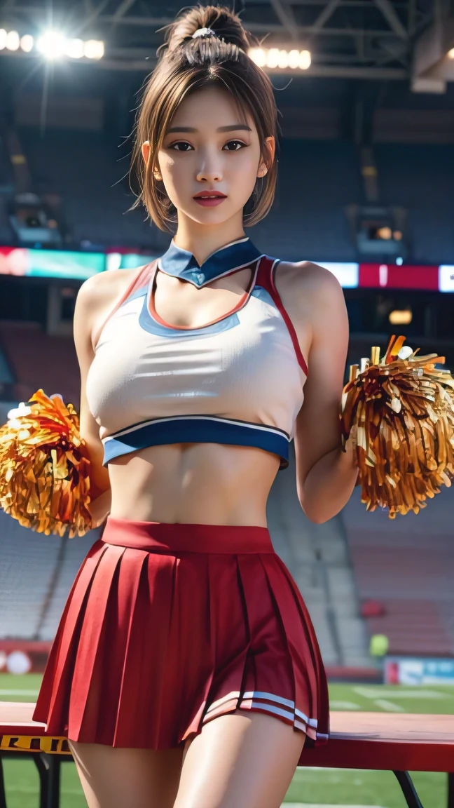 (8 thousand, RAW photos, best quality, table top:1.2), (realistic, realistic:1.37),1 girl, ((The background is a sports stadium.)), professional lighting, photon mapping, radio city, RAW photos、(realistic:1.4)、octane rendering、Highly detailed representation of complex 3D renderings, studio soft light, rim light, vivid details, super detailing, realistic 피부 질감, detail face, Beautiful eye for detail, Highly Detailed CG Unity 16K Wallpaper, assembly, (detailed background:1.2),huge breasts、((Non-breaststroke)), chest lowered by gravity, water-soaked top, (Nipples stick to clothes), ((Please show me your panties straight)), The wind lifts my skirt. Spread your legs and cheer. best quality, Ultra A high resolution, table top, 1 girl, brown hair,(Short hair), 20 years old,((Gorgeous Cheergirl Costume、Cheerleader Outfit)), Cute face、((short pleated skirt))、Nogizaka Idol、Chinese idols、Japanese idle, Low Height Camera Panties Flashing Shot,