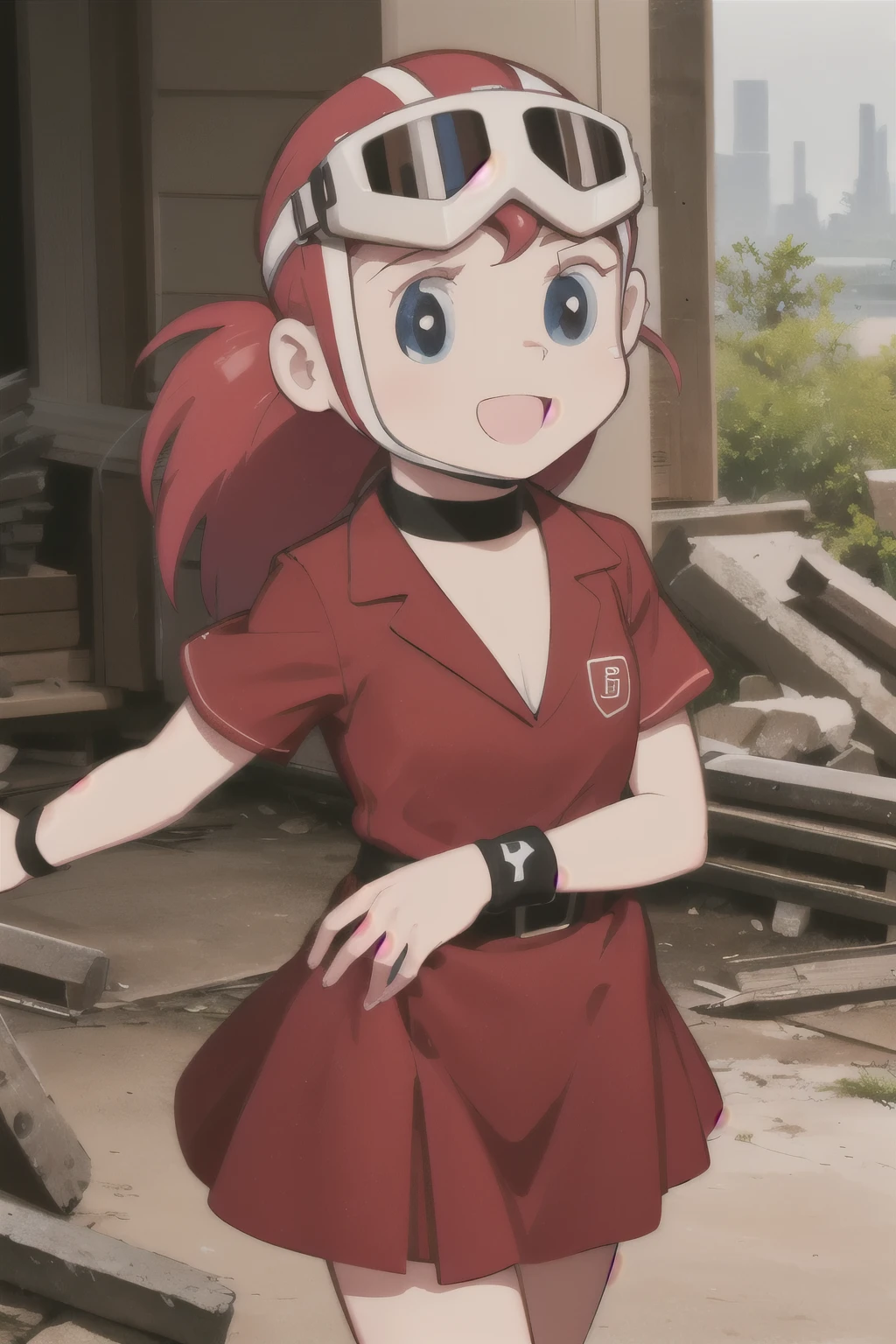 tpream,red hair,pony-tail,red dress,1girl,solo,goggles,wristband,choker,helmet,looking_at_viewer,ruins,:d,