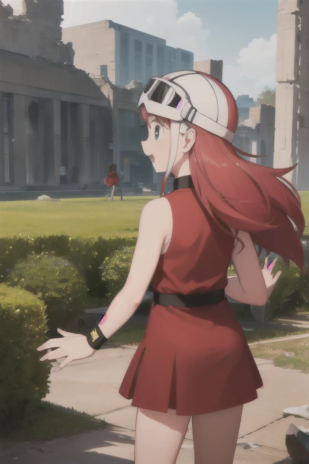 tpream,red hair,pony-tail,red dress,1girl,solo,goggles,wristband,choker,helmet,looking_at_viewer,ruins,:d,