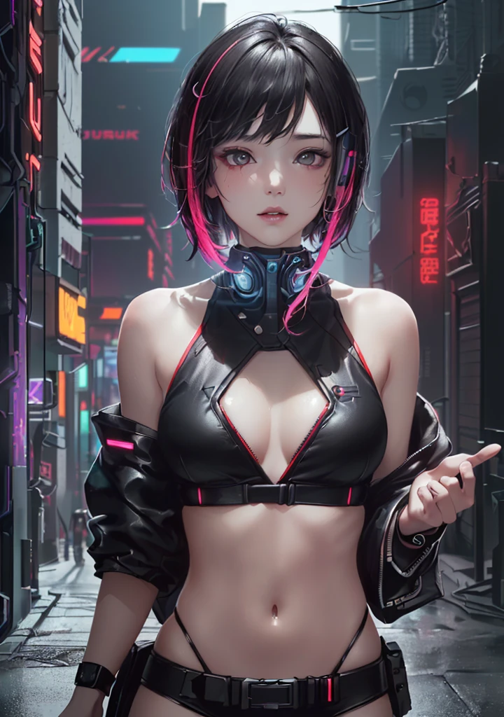 Model shooting style, (Third vision:1.8), 1 girl, (cyberpunk:1.8, cyberpunk city background:1.8), (cutest face: 1.8, perfect face:1.3), (colorful short hair:1.4, pale skin:1.5), (front:1.4), best quality, epic (author:Lee Jeffries photo, Sony A7, 50mm, pores:1.5, color, Super detailed:1.5, film grain:1.4, surreal: 1.5), octane rendering, Ultra-realistic and realistic texture, masterpiece, Unreal Engine 5, Extremely detailed CG unified 8k wallpaper, Madly detailed photo, surreal light, (Winner of the Pulitzer Prize for Photography and the Taylor Wessing Photography Award)